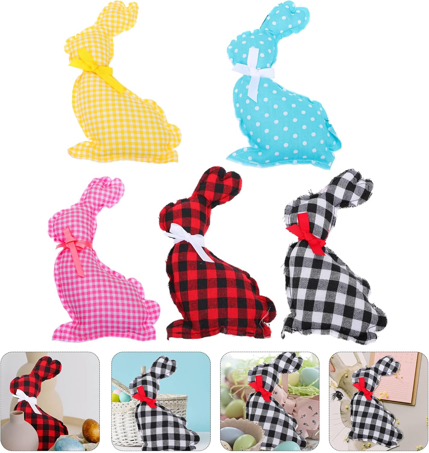 Amosfun 5 piezas de decoración de conejo de Pascua, decoración de primavera, conejito de Pascua, tela de búfalo a cuadros, conejos, estatua de
