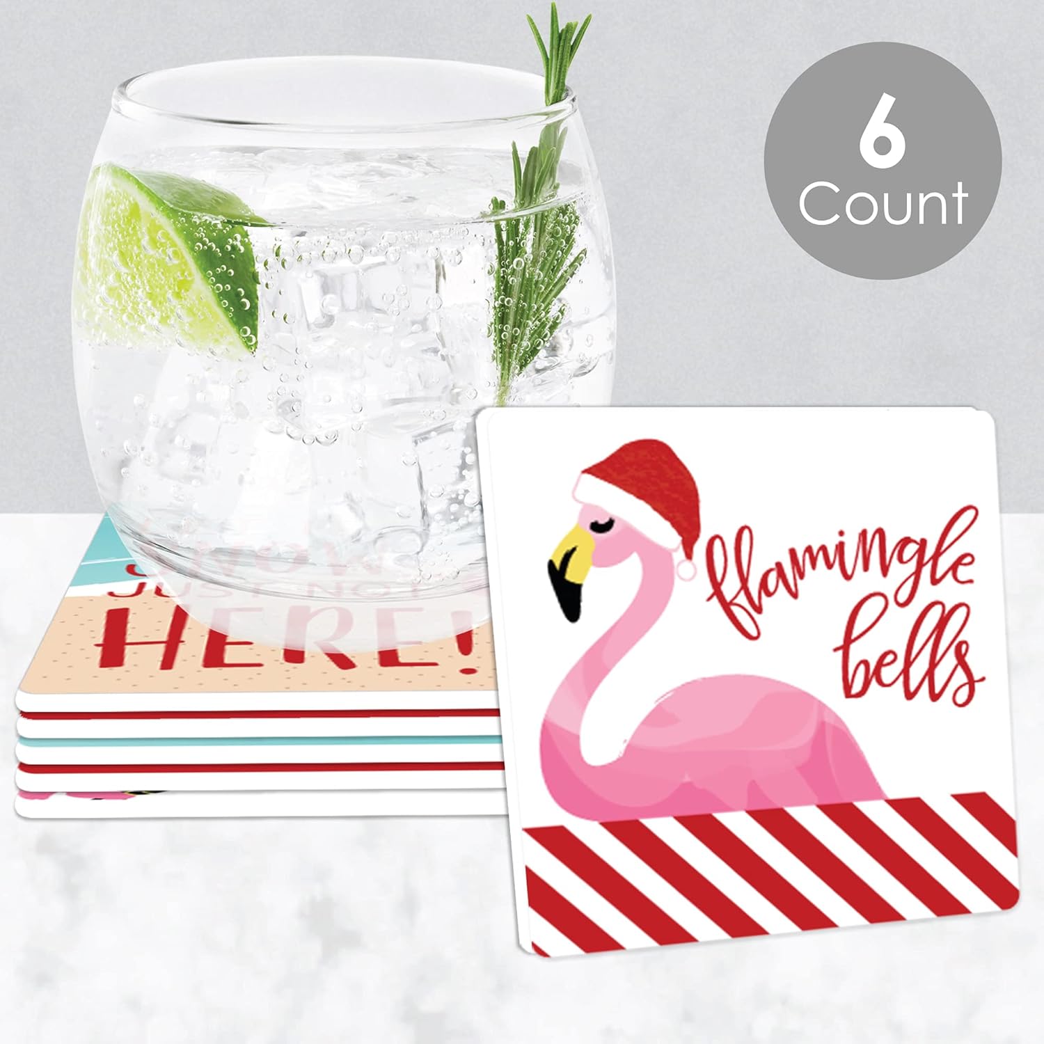 Big Dot of Happiness Flamingle Bells – Divertidas decoraciones tropicales para fiestas de Navidad, posavasos para bebidas, juego de 6