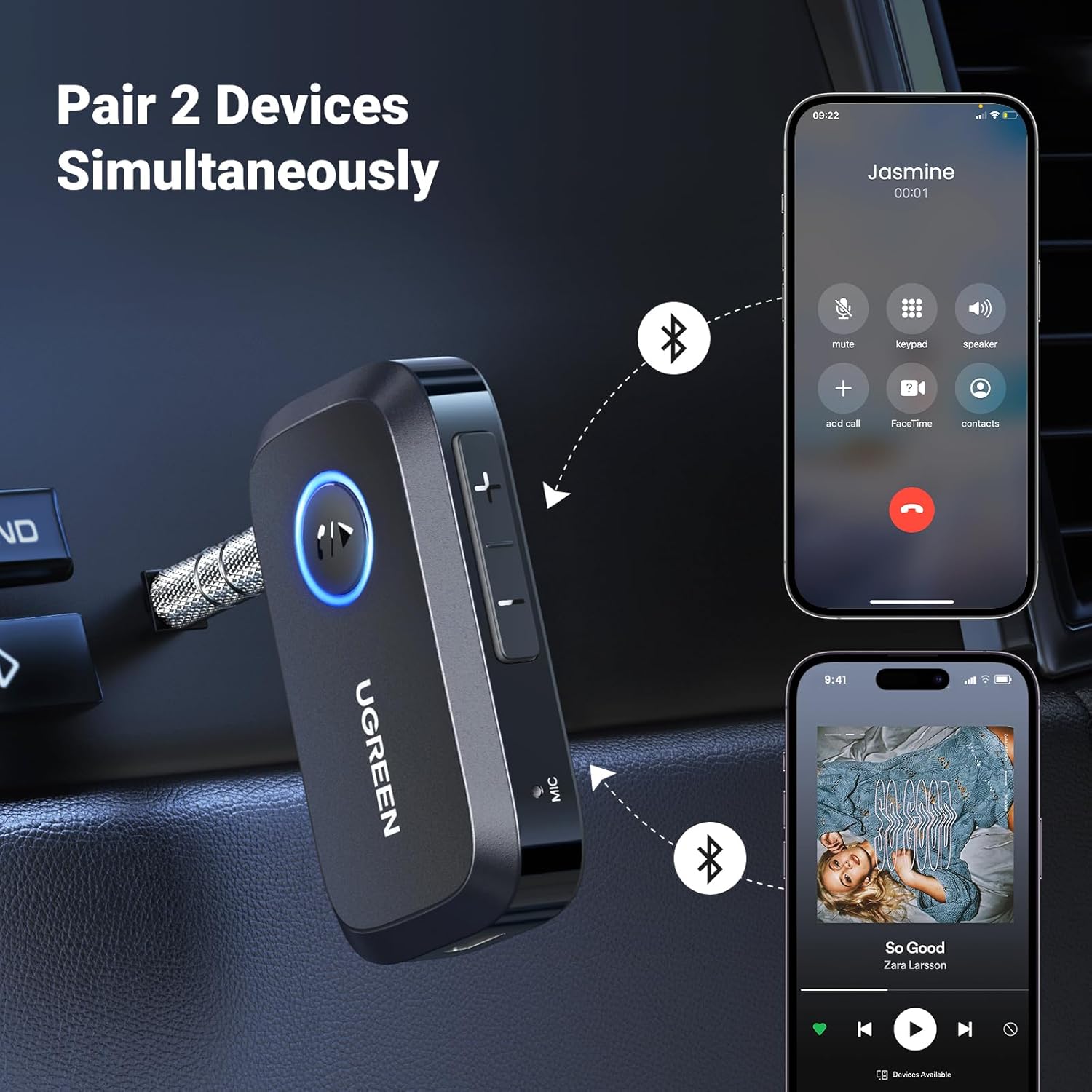 UGREEN Adaptador Bluetooth auxiliar 5.3 para coche, mayor conexión Adaptador auxiliar Bluetooth para automóvil, Bluetooth aux para receptor de audio