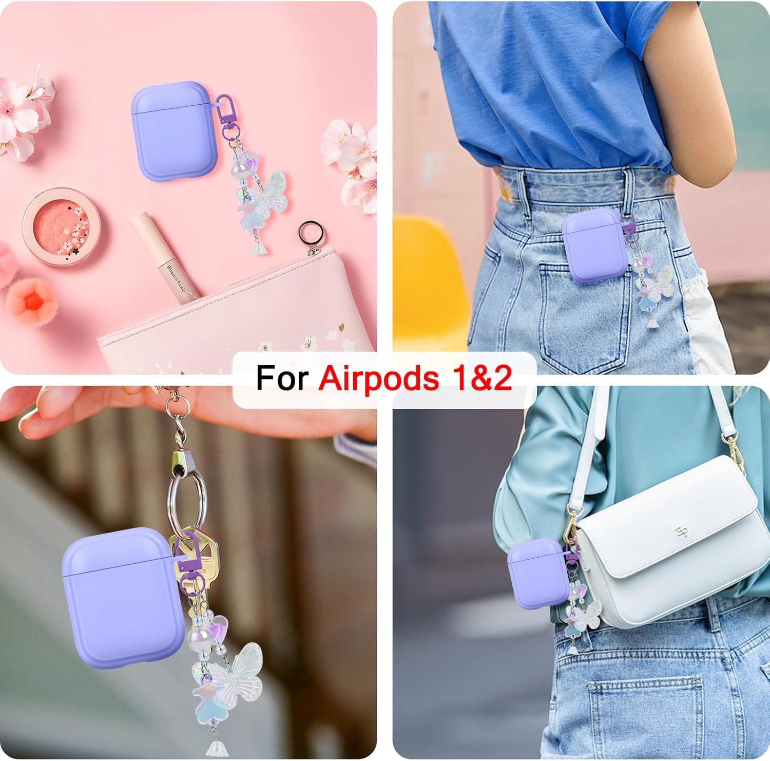 Bonita funda para AirPods 1 y 2 con llavero de corazón de mariposa brillante con purpurina, protección de cuerpo completo de silicona suave a prueba