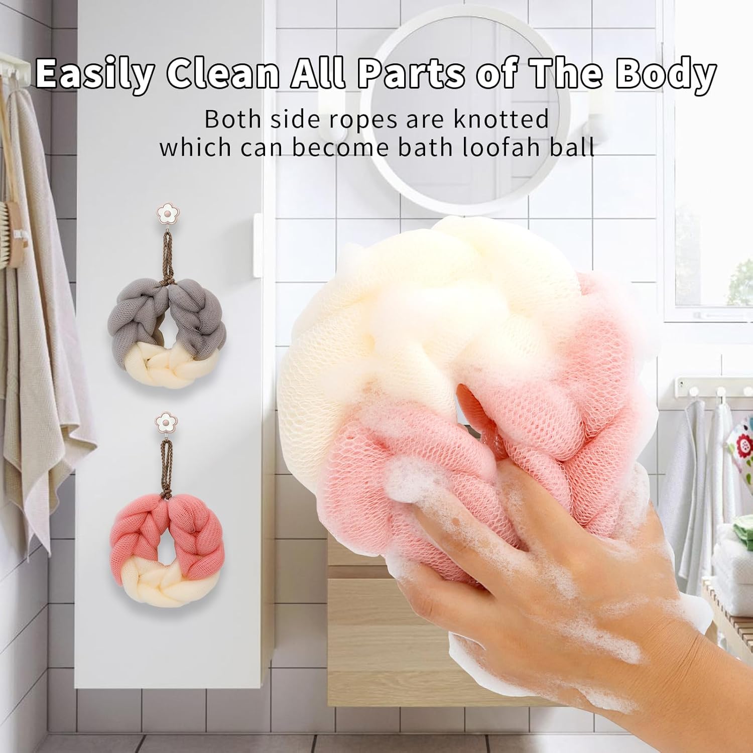 Esponja de ducha de lufa de baño de malla suave con esponja de baño larga para hombres y mujeres, exfoliante de ducha