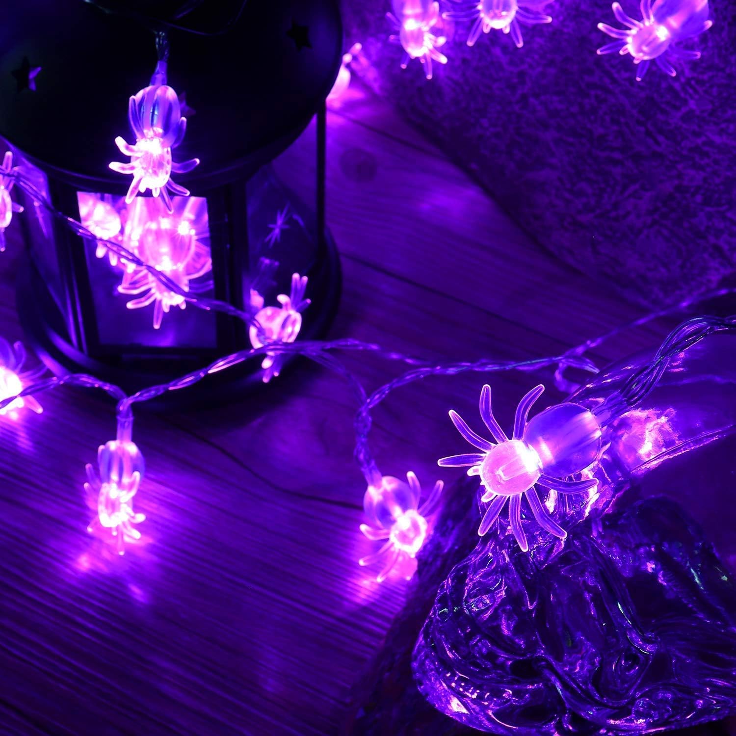 Toodour Luces de araña para decoración de Halloween, impermeables, 15.25 pies, 30 luces LED alimentadas por pilas para decoración de Halloween