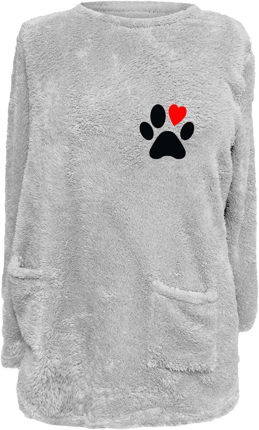 Sudadera cálida de forro polar Sherpa para mujer, acogedora, suave, con cuello redondo, mullida, con estampado de patas, de corazón, manga larga,