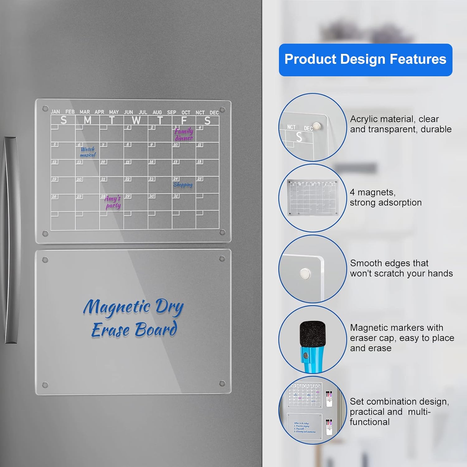 Calendario magnético acrílico de borrado en seco para refrigerador, paquete de 2 tableros de calendario transparente para refrigerador, incluye 8