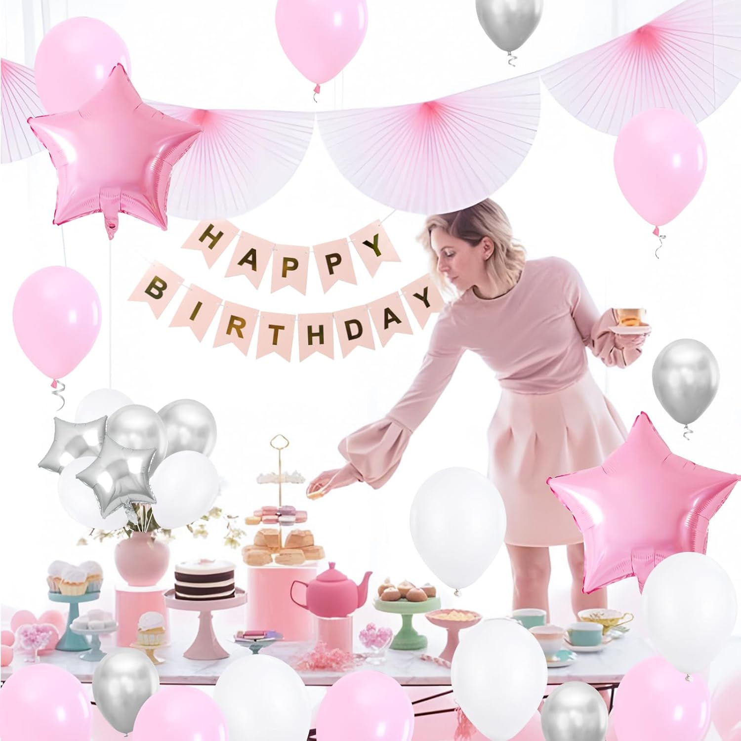 108 piezas de decoración de fiesta rosa, kit de arco de guirnalda de globos con pancarta de feliz cumpleaños, cortinas de flecos metálicos,