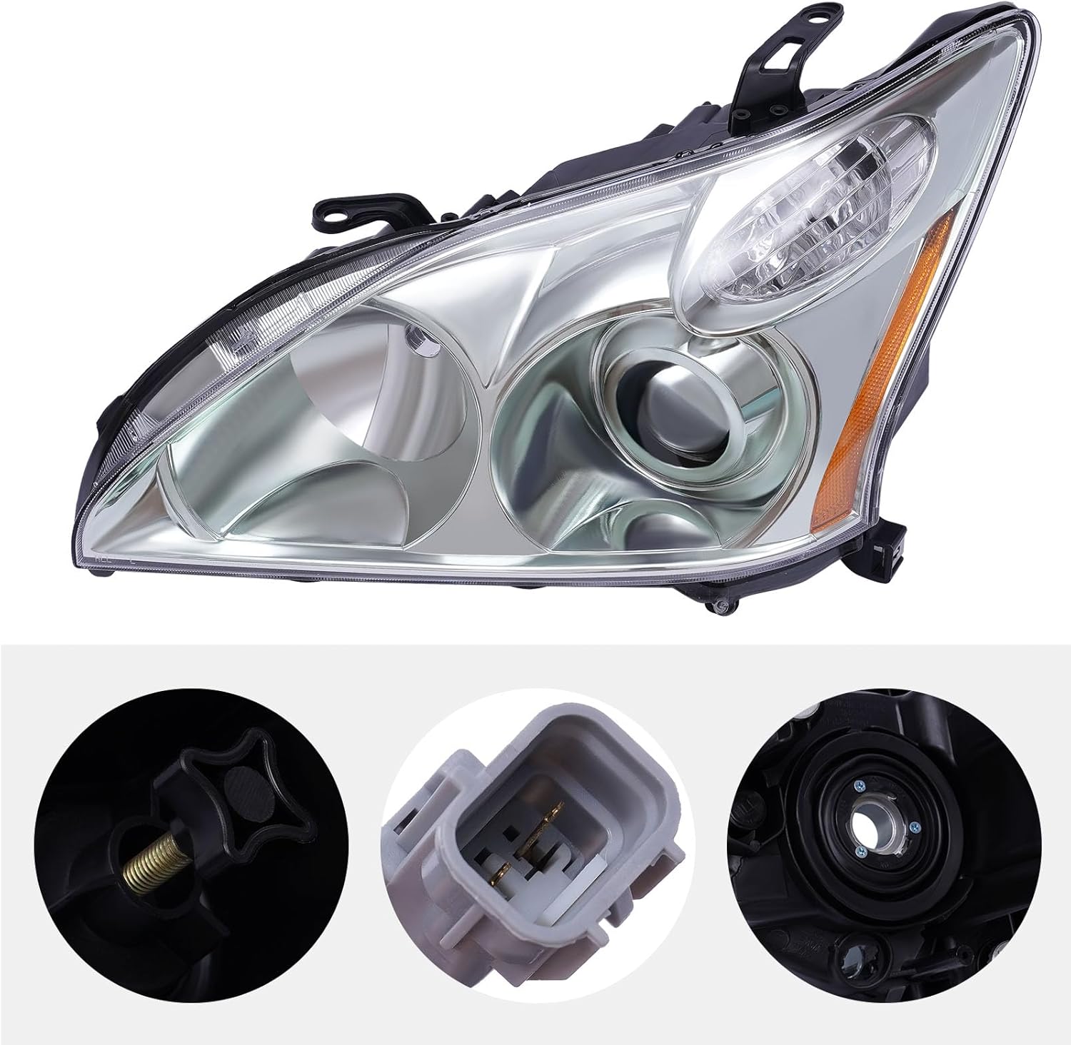 Faro delantero HID+ Conjunto de faros halógenos carcasa cromada con lente transparente compatible con Lexxuus RX330 RX350 RX400h 2004-2009 (lado