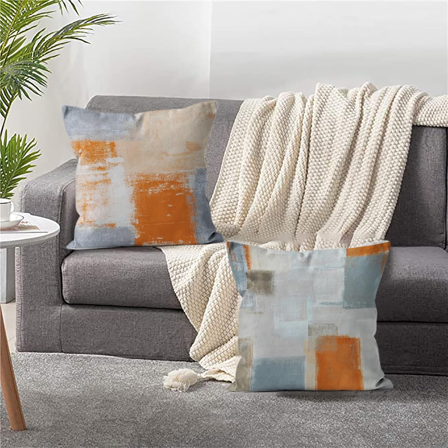 BBKD Juego de 4 fundas de almohada de arte abstracto naranja y gris de 16 x 16 pulgadas, color naranja y gris, funda de cojín decorativa moderna