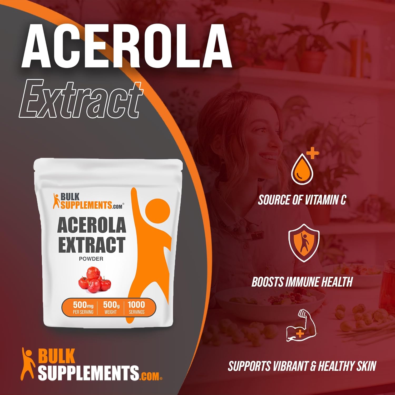 BULKSUPPLEMENTS.COM Acerola – Extracto de cereza en polvo, suplemento natural de vitamina C, polvo de cereza de acerola, vegano y sin gluten, 500 mg