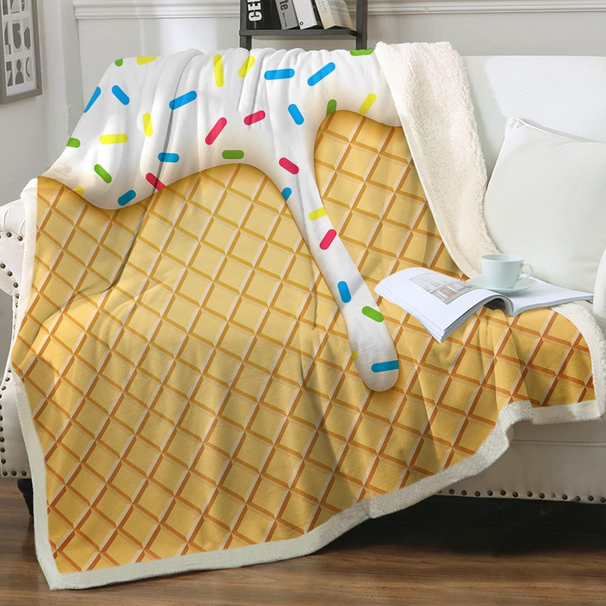 Sleepwish Bonita manta divertida de comida, cono de helado con chispas, manta decorativa ligera de forro polar para sofá, cama, sofá, viajes, manta