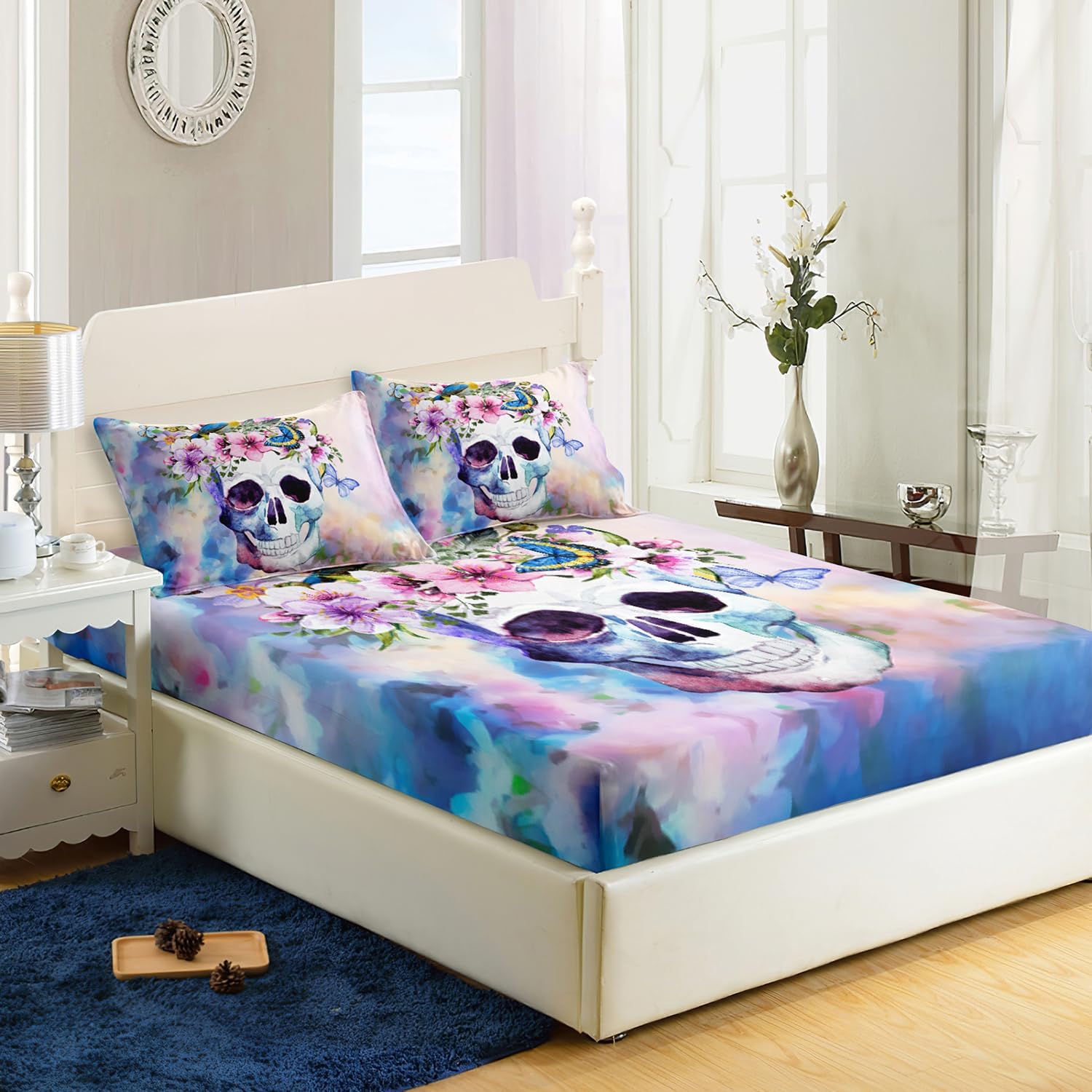 AILONEN Juego de sábanas bajeras de calavera floral tamaño matrimonial para niños y niños, juego de ropa de cama con diseño de calavera floral en 3D
