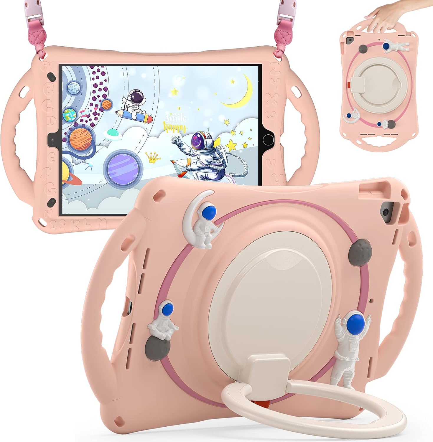 BATYUE Funda infantil para iPad de 9, 8, 7 generación de 10.2 pulgadas 2021 2020 2019, con soporte giratorio, soporte para lápices, correa de