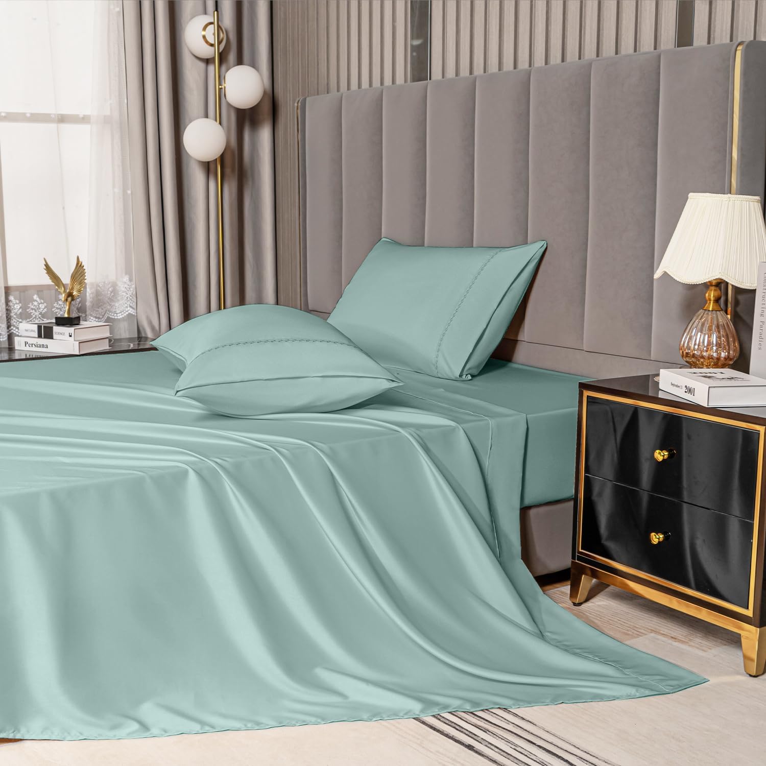 MCO Bedding Queen Bed Sheets Set – Rayon Derived from Bamboo Sheets – Cooling Breathable Bedding Set with 16″ Deep Pocket (4 Pieces, Queen, Light