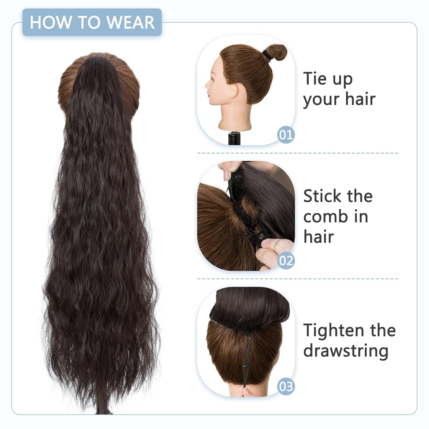 Cola de caballo rizada con cordón para mujer, de 32 pulgadas de largo, sintético, natural, ondulado, con clip, extensiones de cabello esponjoso,