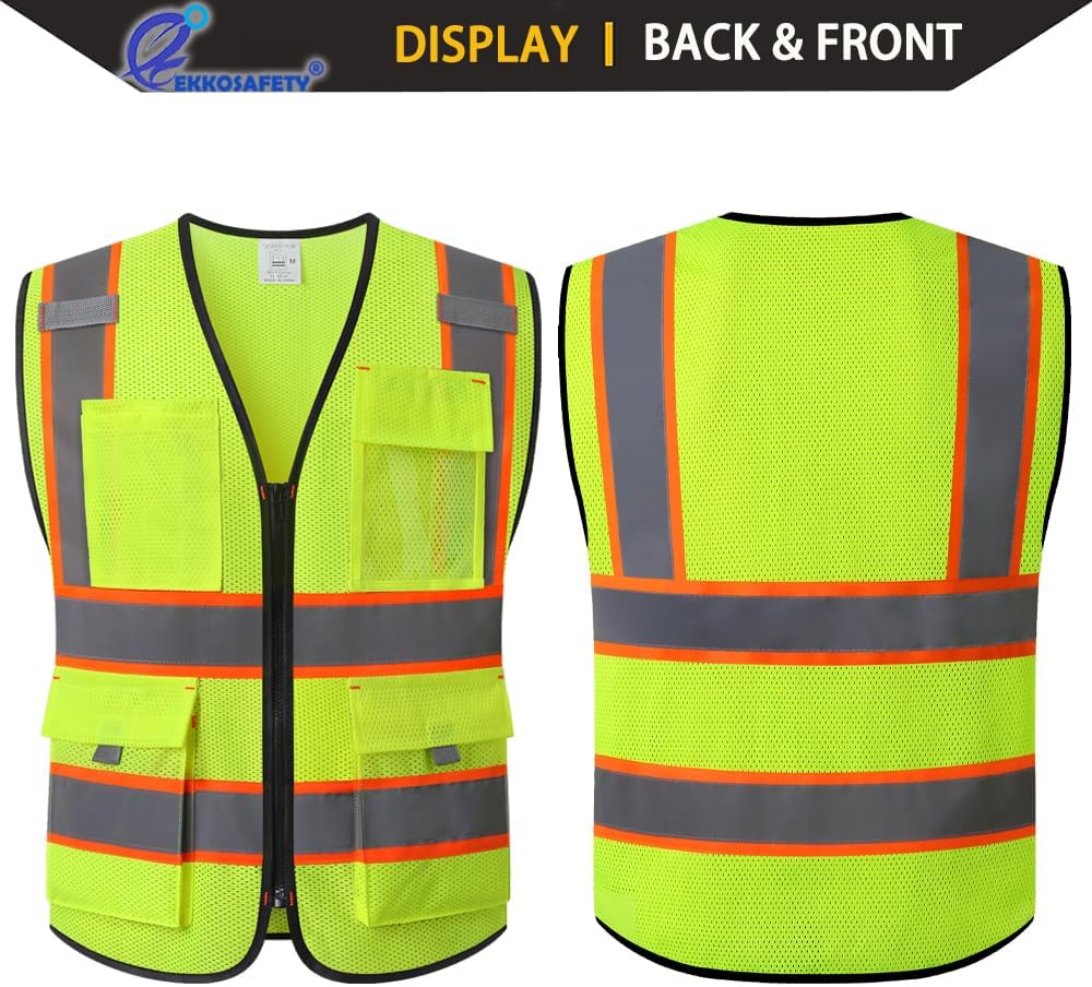 Chaleco de seguridad reflectante para hombres y mujeres con 9 bolsillos y cremallera frontal clase 2, chaleco de trabajo de malla de alta