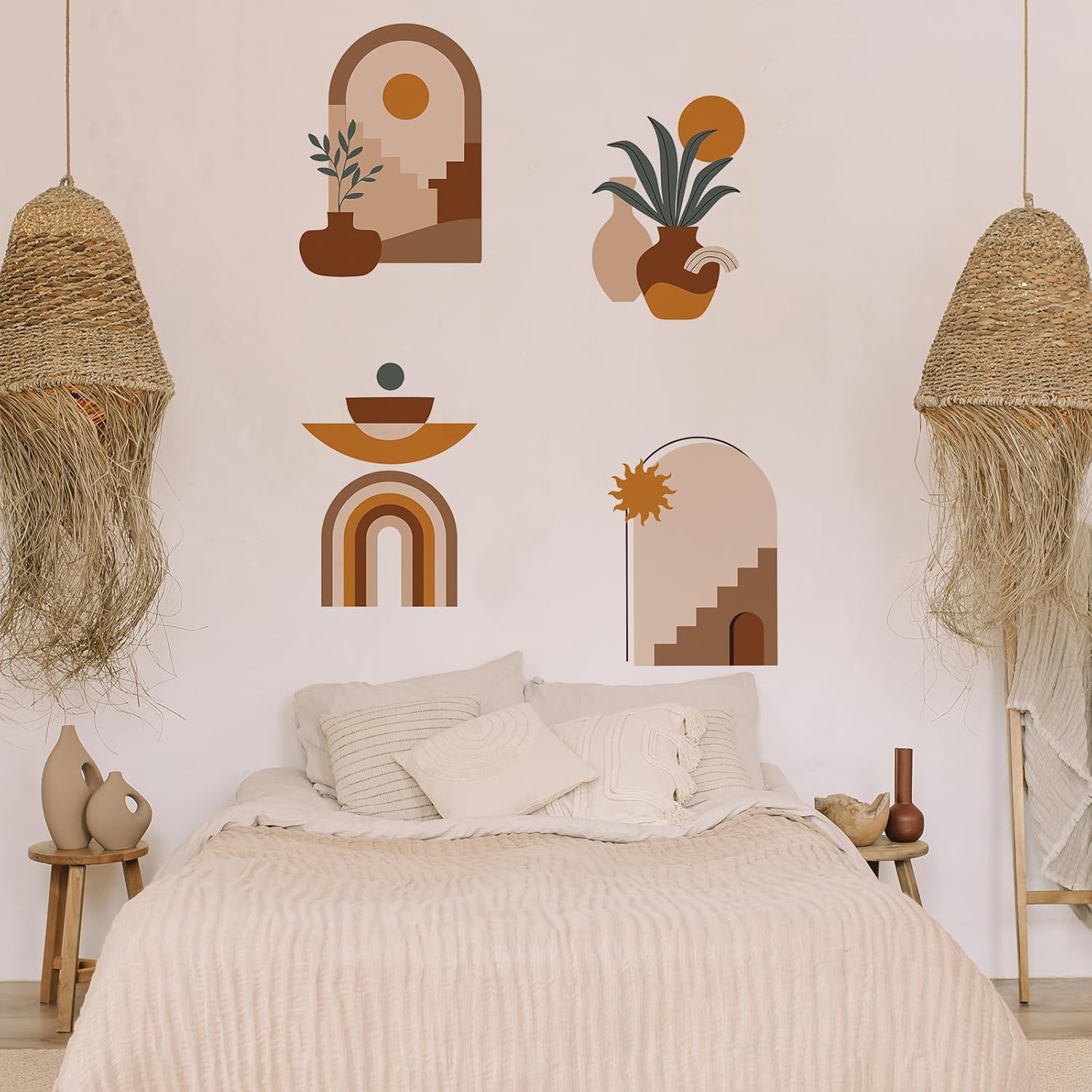 3 calcomanías de pared con arco bohemio, estilo bohemio, arte de pared para sala de estar y dormitorio, calcomanías de sol y luna y montaña (estilo