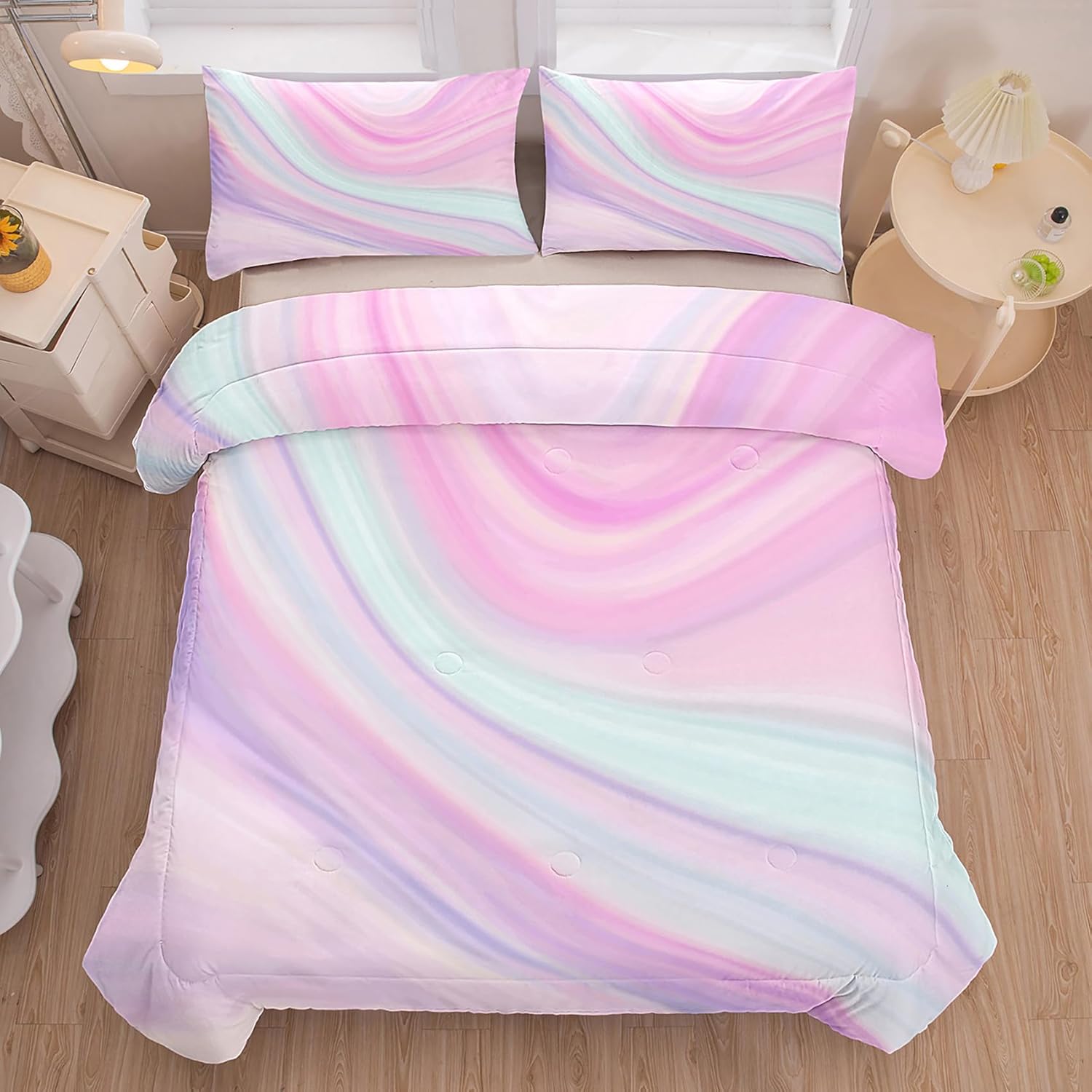 Tailor Shop Edredón para niños, tamaño Queen, ropa de cama de teñido anudado rosa para niñas, edredón rosa, ropa de cama azul y morado, ropa de cama