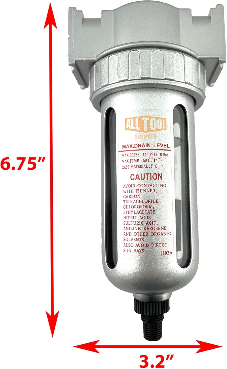 Filtro de partículas de flujo medio NPT de 14 “NPT para líneas de aire comprimido, 5u con cuenco de polietileno y protector de cuenco de metal (AUTO