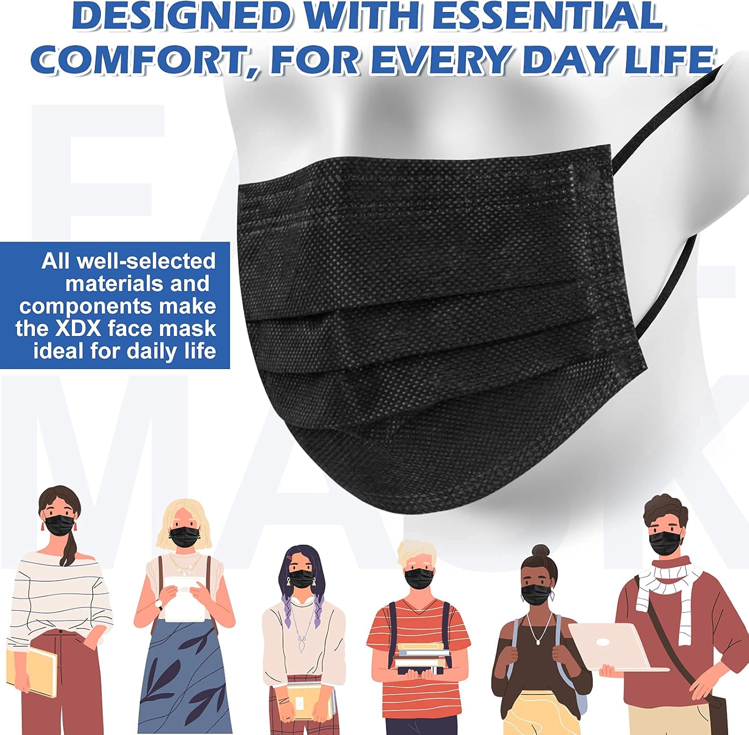 XDX Mascarillas desechables negras, paquete de 50 unidades, mascarillas de 4 capas envueltas individualmente para mujeres, hombres, adultos, unisex,