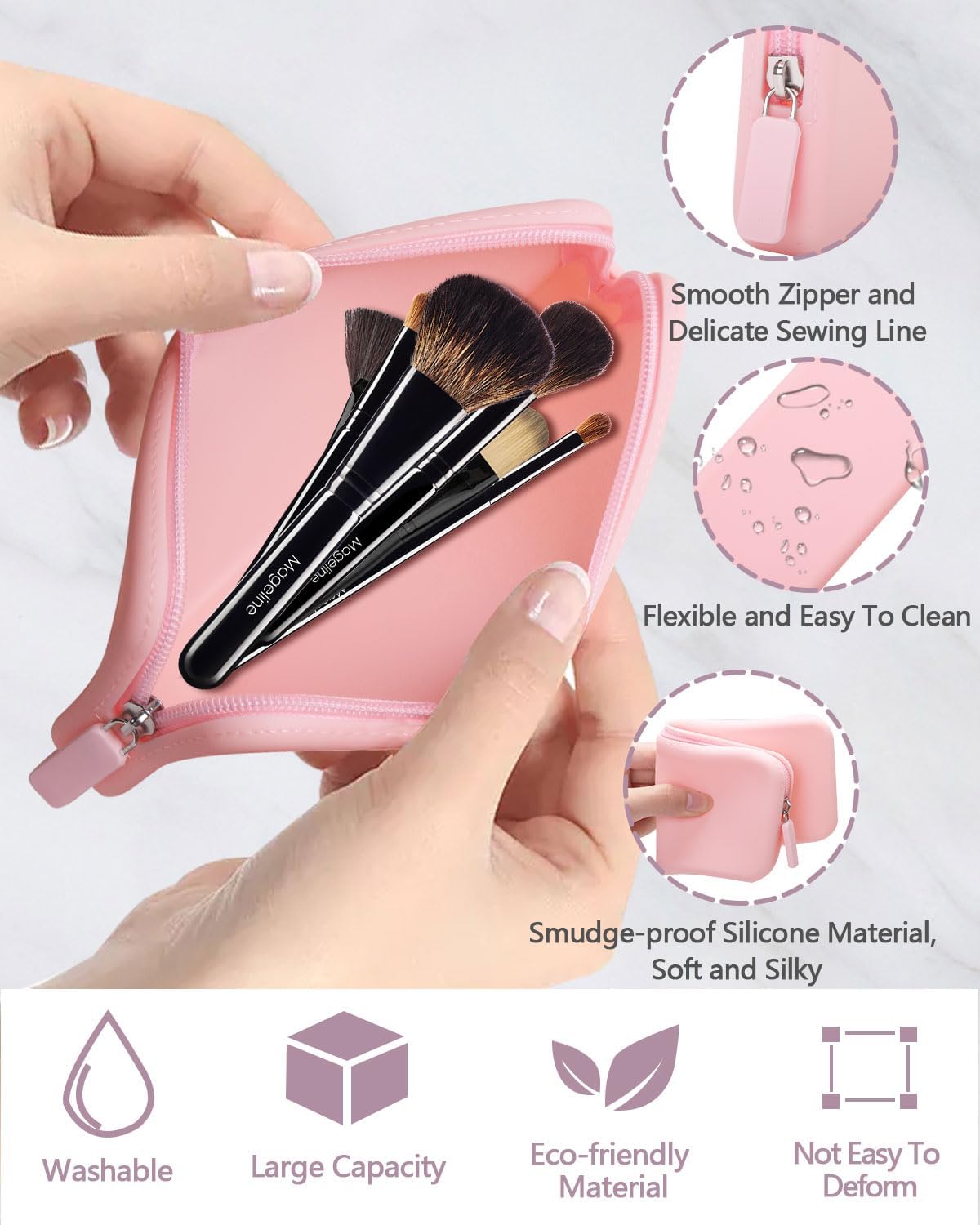 Soporte de cepillo de maquillaje de silicona, bolsa de cepillo de maquillaje de viaje, elegante bolsa de cepillos cosméticos con cremallera, bolsa