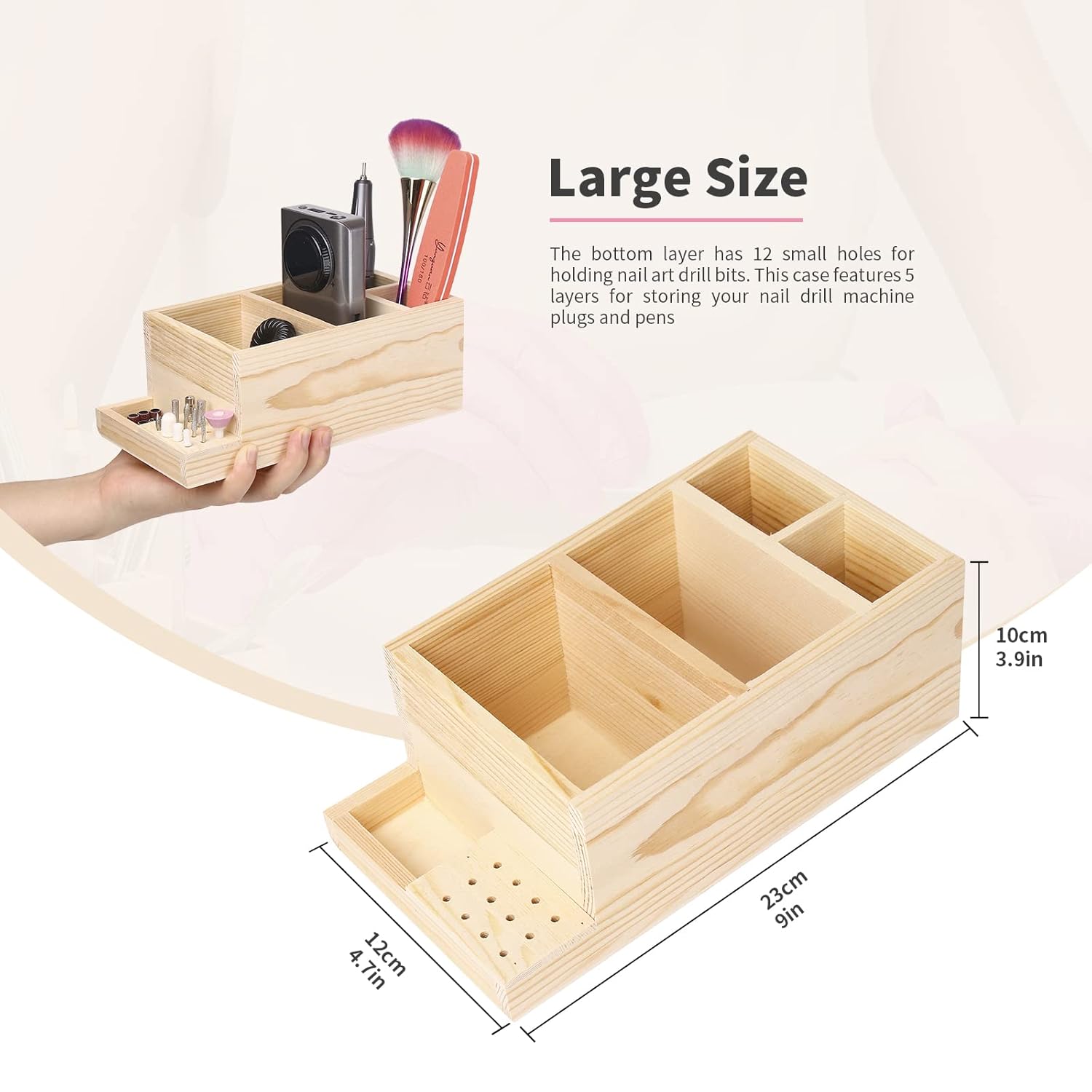 Máquina de taladro de uñas de madera y caja de almacenamiento de brocas (grande), organizador ecológico duradero para herramientas de manicura,