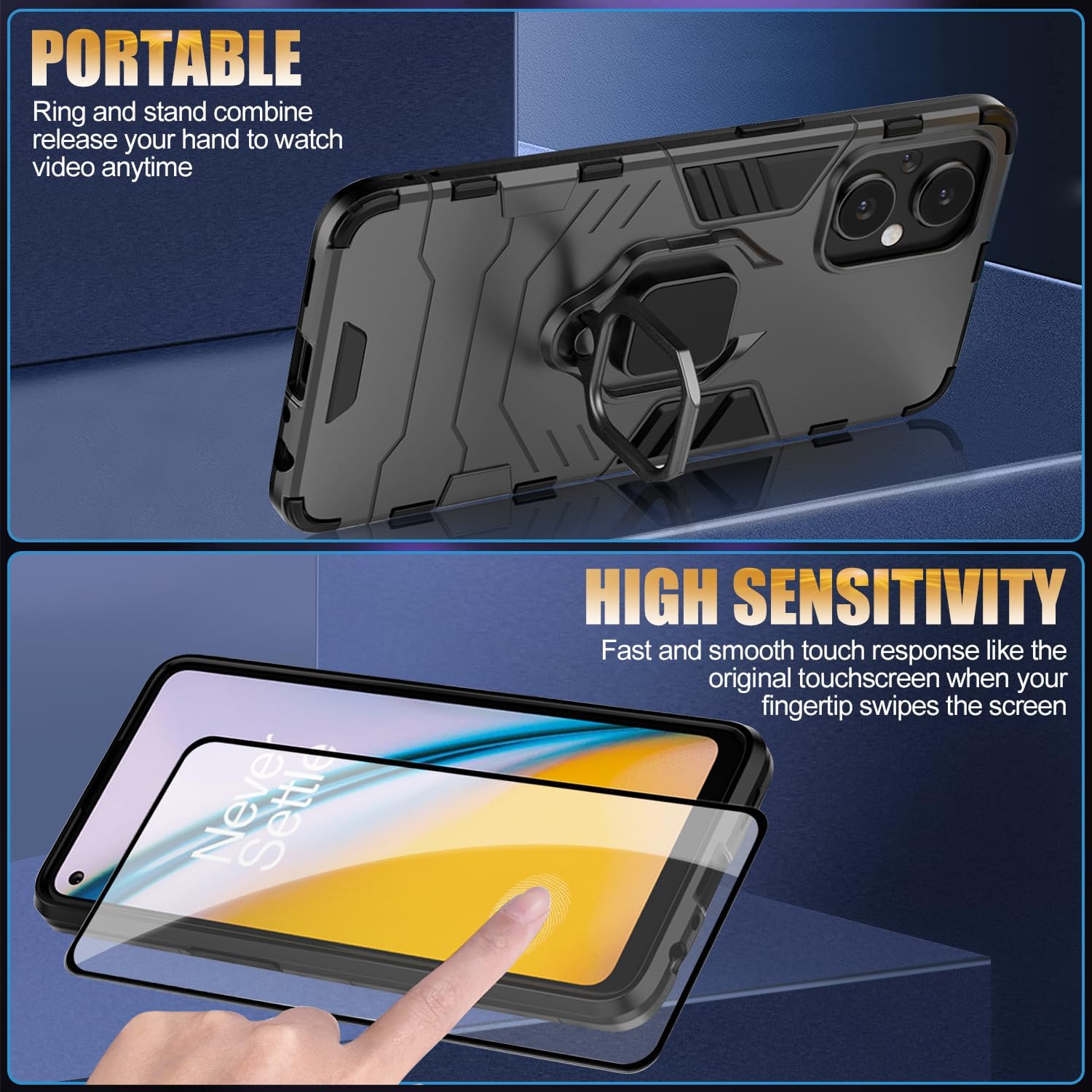 Funda para Oneplus Nord N30 5G con 2 protectores de pantalla de vidrio templado para 1+ Nord N30 5G, funda protectora completa con anillo de metal