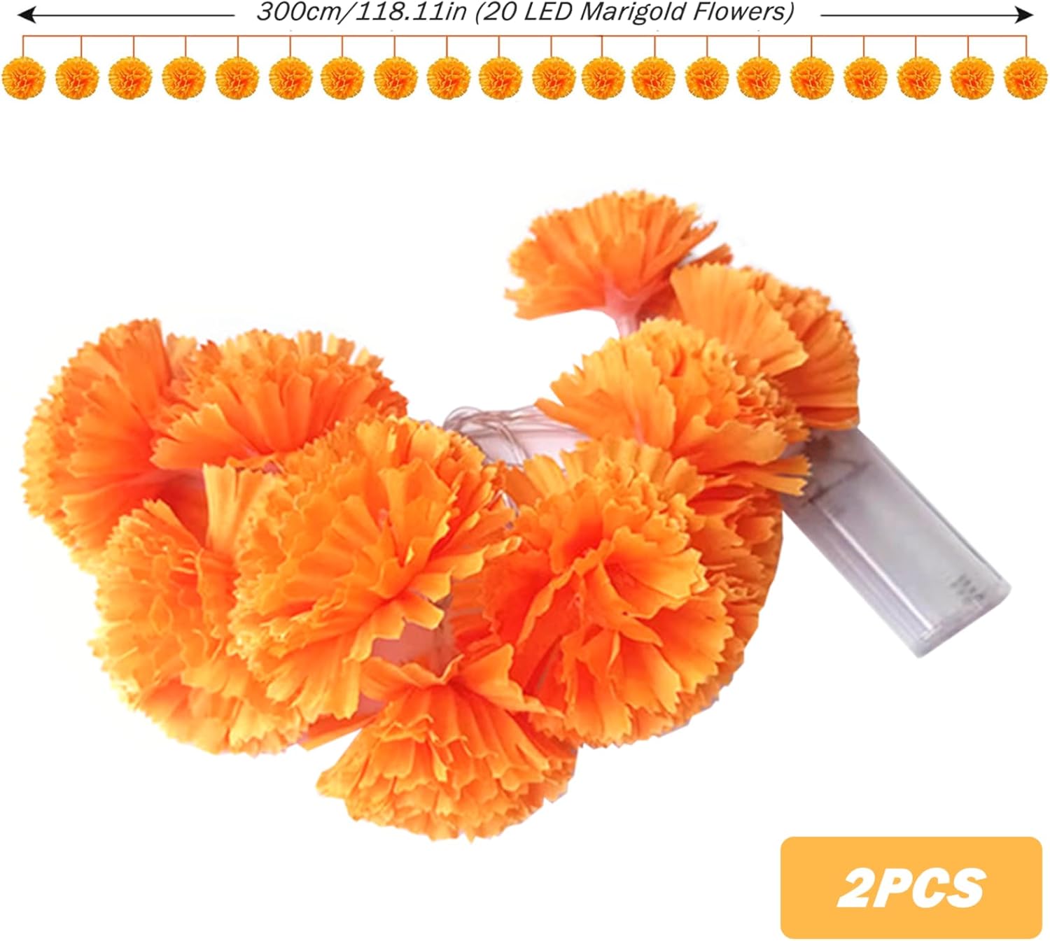 Guirnalda de flores de caléndula, 2 guirnaldas de caléndula de 9.85 pies con 20 luces LED, decoración de guirnalda del día de los muertos para