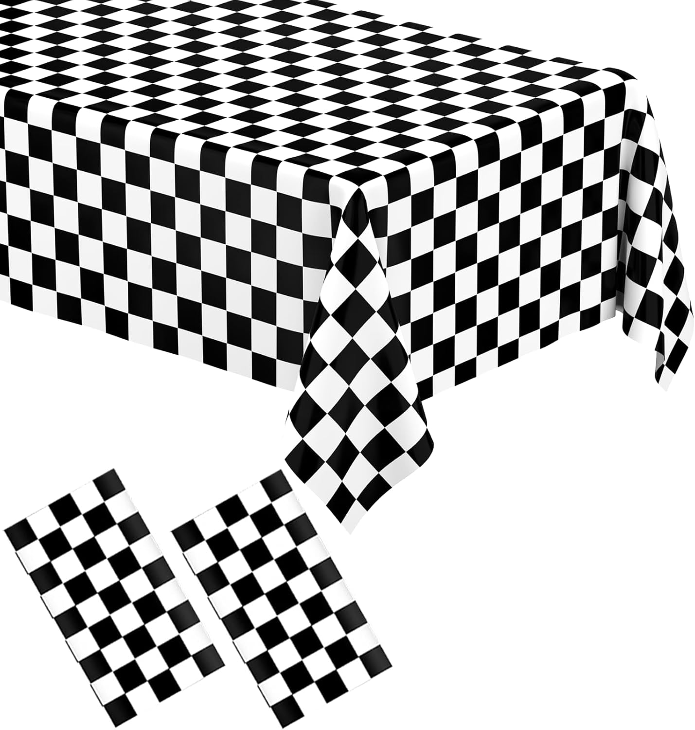 Paquete de 2 manteles rectangulares a cuadros en blanco y negro, desechables, de plástico, a cuadros, para fiestas, picnic al aire libre,