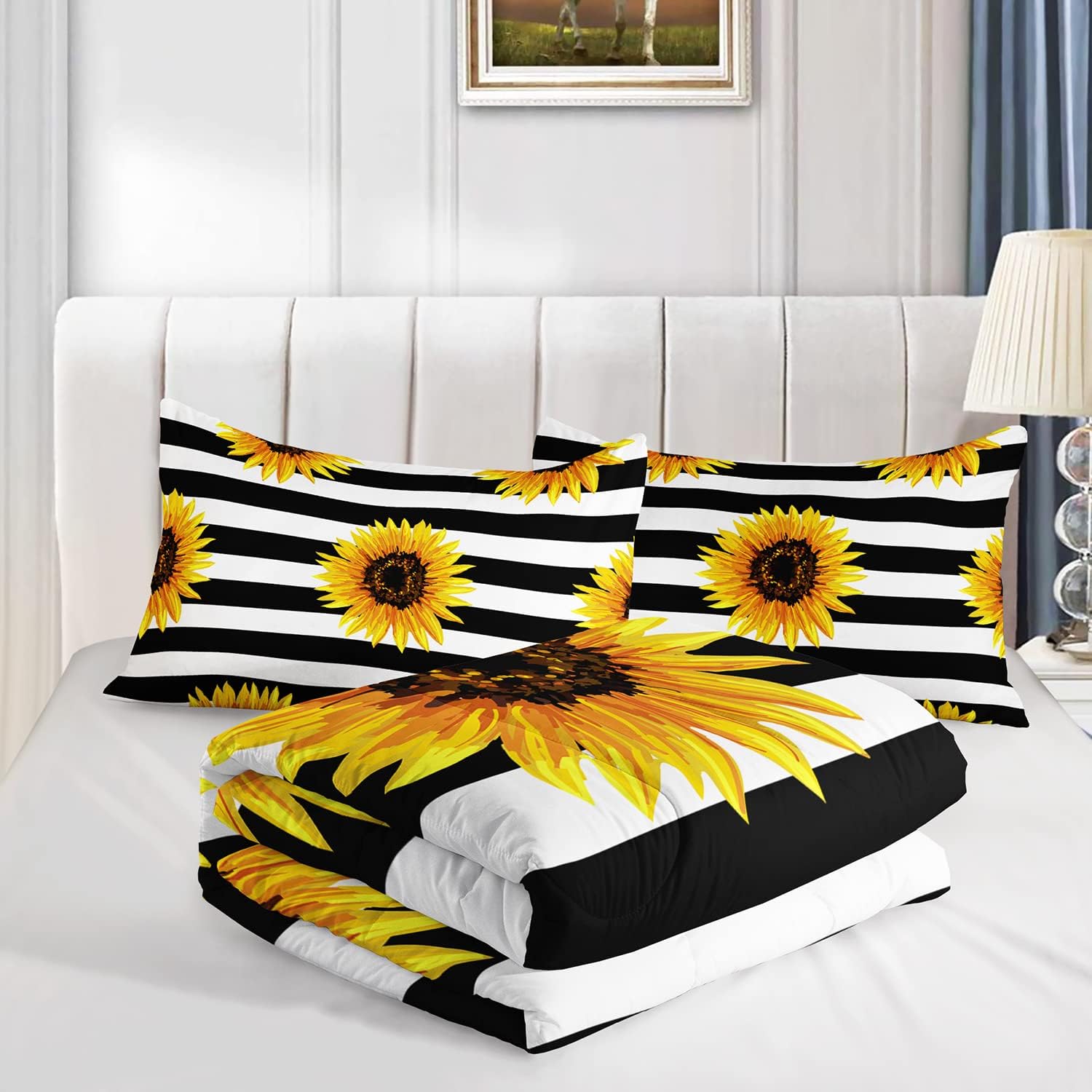 AILONEN Juego de edredón de girasol, tamaño Queen, juego de cama de flores a rayas blancas y negras, juego de cama de flores amarillas superior,