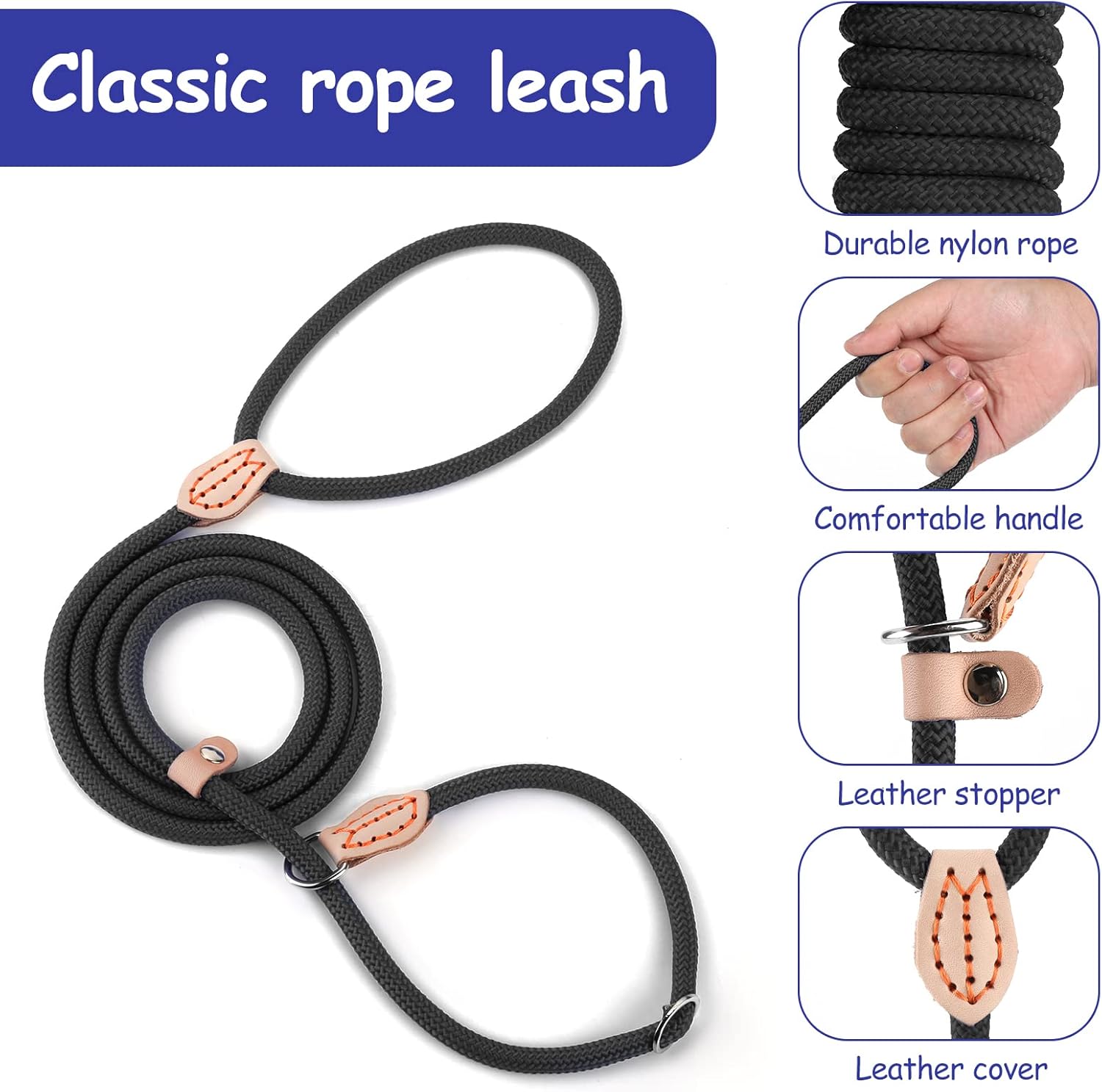 Cobee Correa de cuerda para perros pequeños, control deslizante, correa de bucle para perro sin tirones de 5 pies x 13 pulgadas con conector de