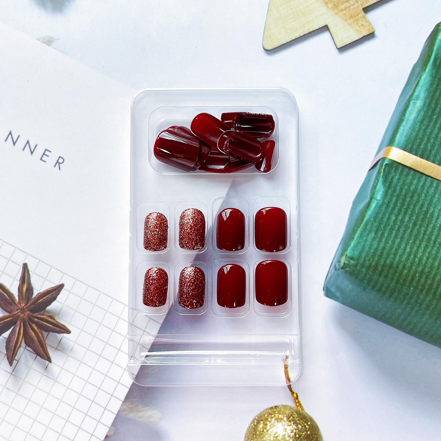 24 uñas postizas cuadradas cortas a presión, color rojo vino, uñas postizas con diseños, uñas acrílicas con purpurina, uñas con pegamento brillante