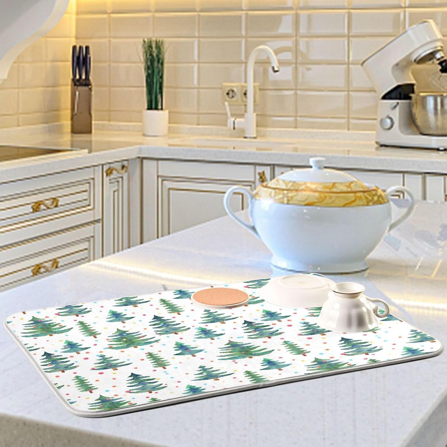 Green Trees Ball Drying Dish Mat Washnable Absorbent Drying Mat Kitchen Counter Drainer Mat Tapete Para Cocina 16” x 18”