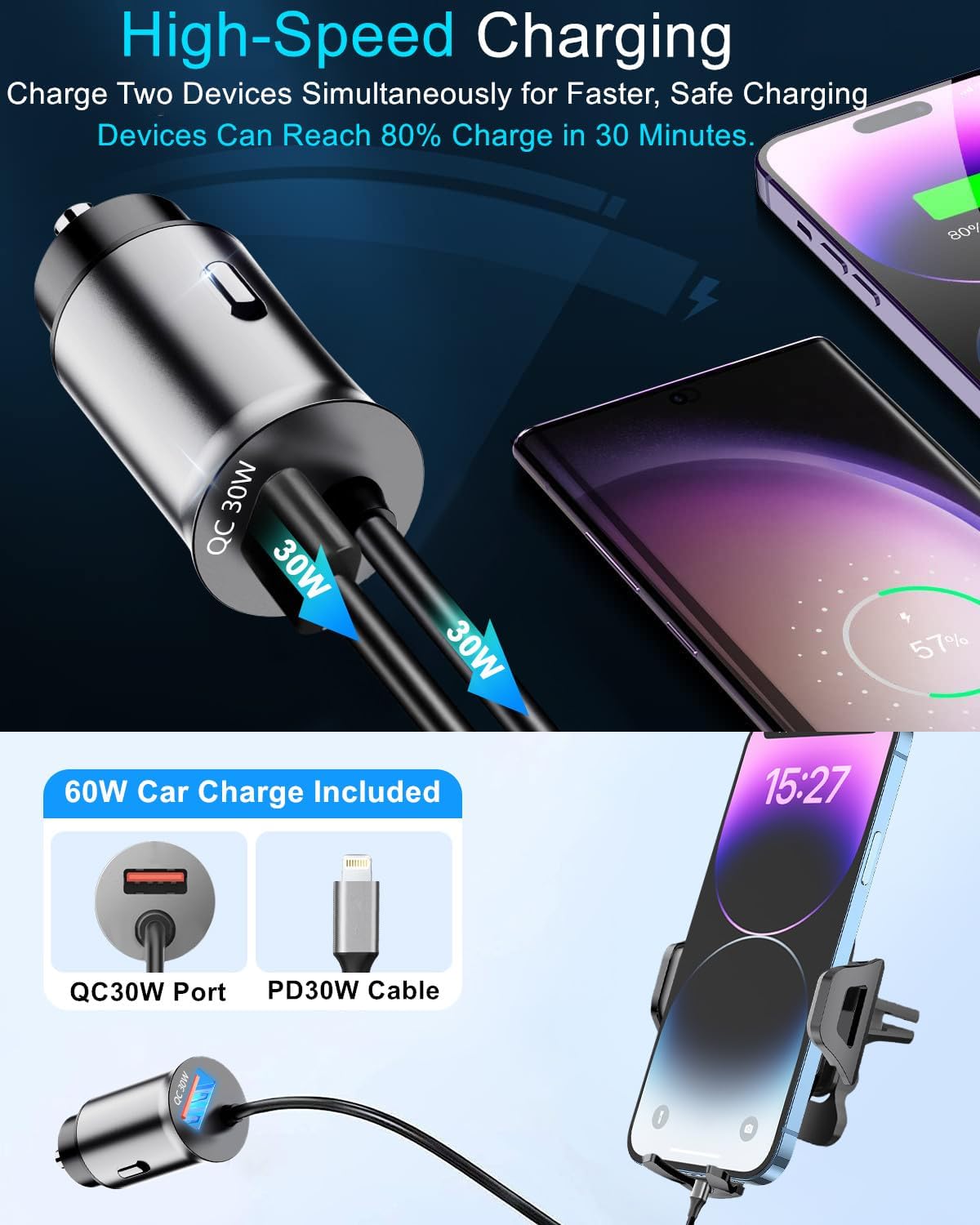 Soporte de cargador de teléfono 3 en 1 para automóvil, cargador USB C de 60 W de carga rápida para iPhone 141312 + cable tipo C de 4 pies,