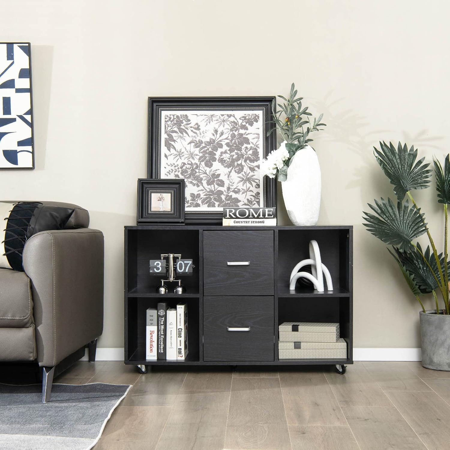 Archivador de 2 cajones, archivador lateral con estantes y ruedas, aparador de buffet negro, gabinete de almacenamiento rodante, gabinetes de madera