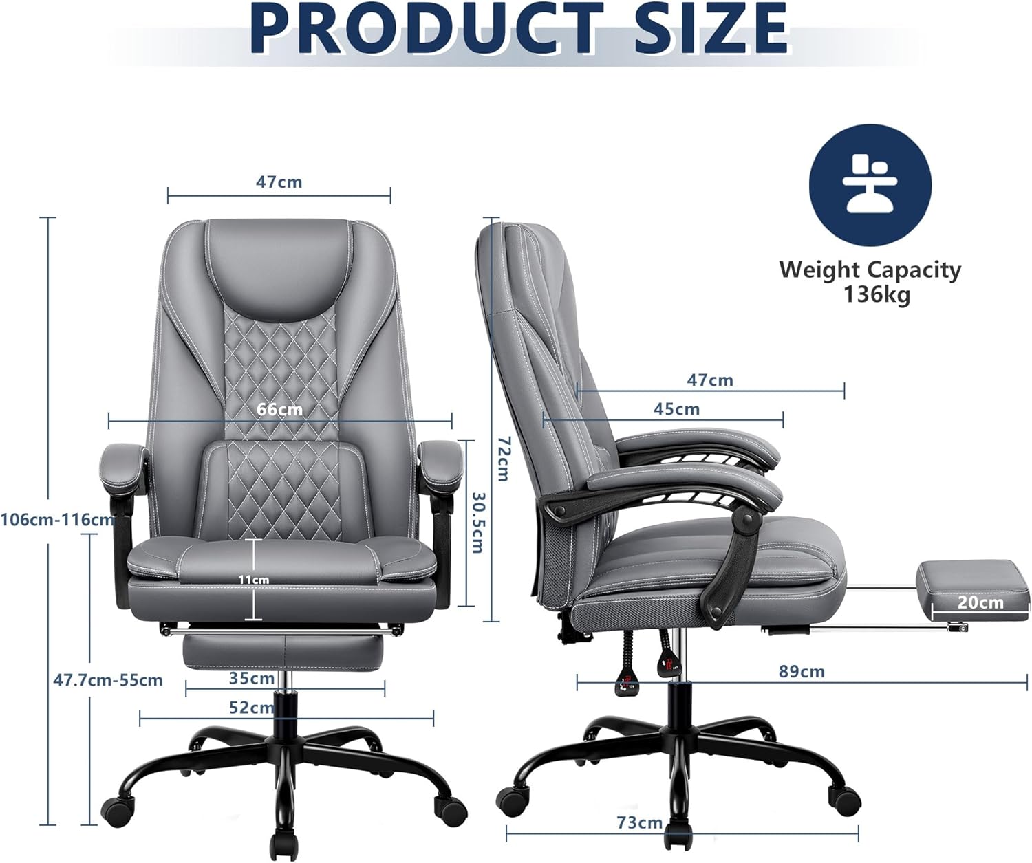 Guessky Silla de oficina ejecutiva, silla de oficina reclinable de cuero grande y alta con reposapiés, respaldo alto, silla de escritorio de oficina