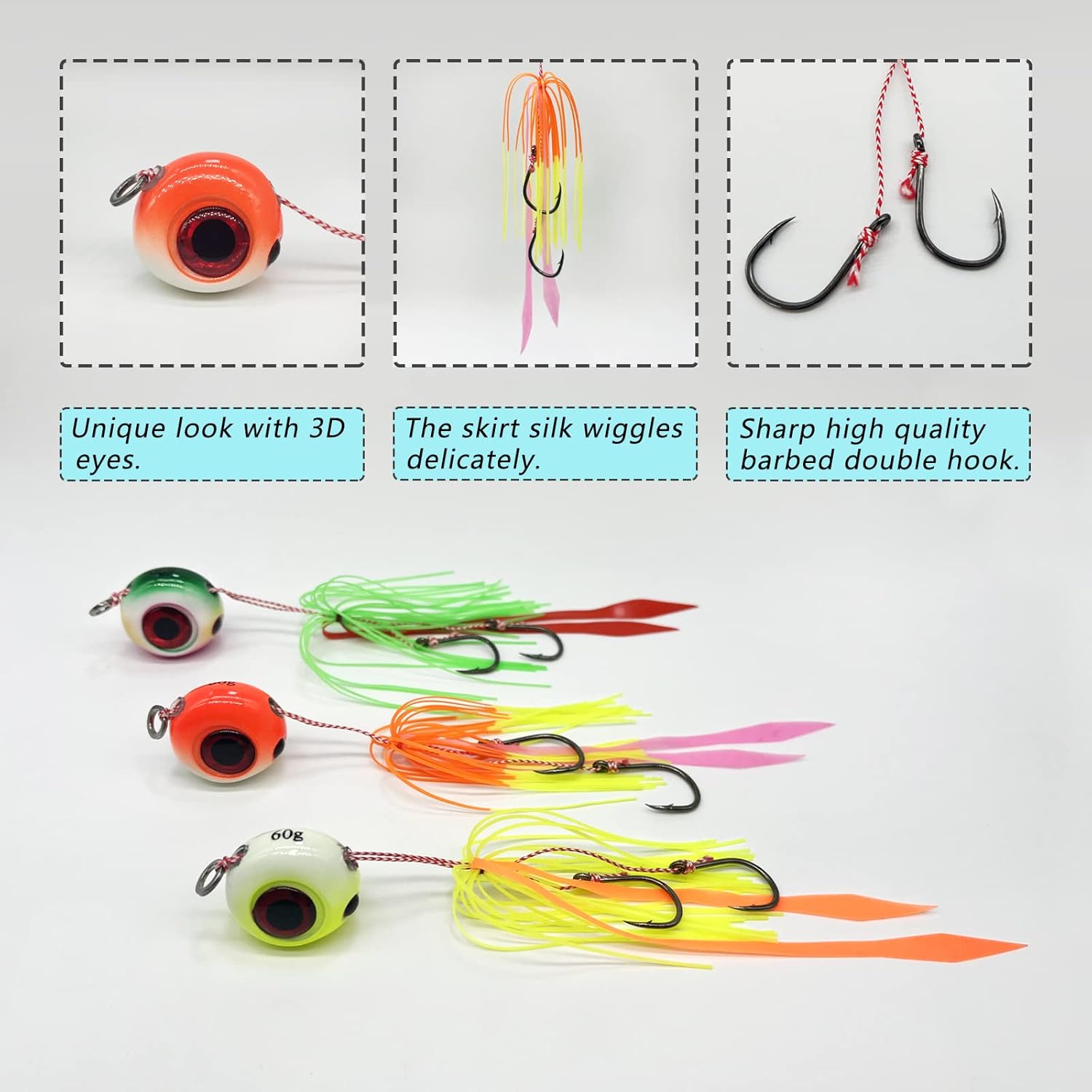 3 piezas de plantillas de pesca de mar, 2.12 oz-7.05 oz tai kabura jig señuelos de pesca luminosos cebos artificiales pargo Kabura jigs con ganchos