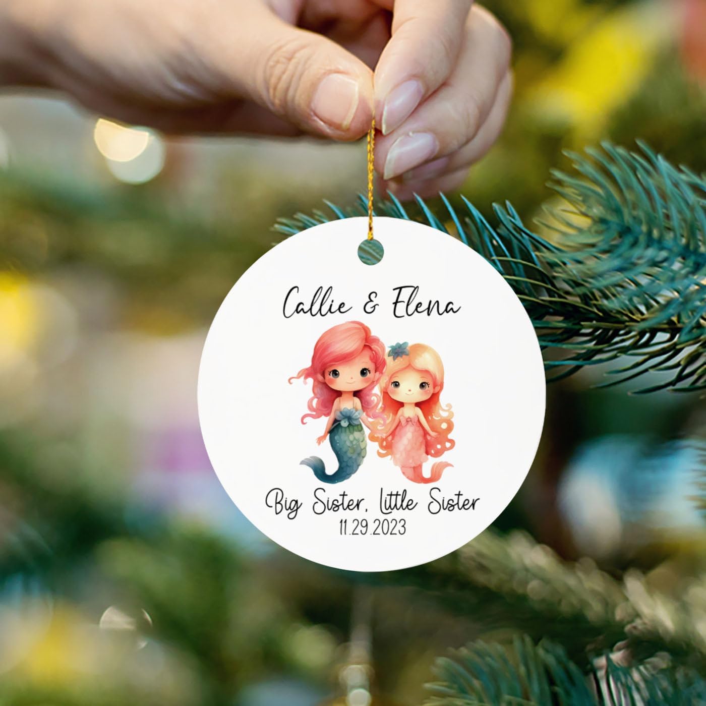 Adorno de Navidad personalizado para hermana mayor, hermana pequeña, sirena, árbol de Navidad, regalo con nombres y fecha personalizados, adornos de