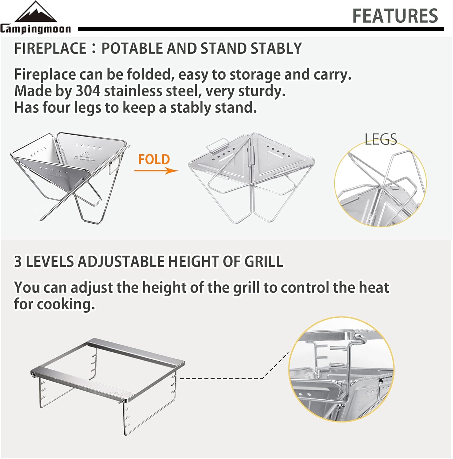CAMPINGMOON – Parrilla de leña portátil 3 en 1 de acero inoxidable y hoguera de 14 x 15.35 pulgadas con bolsa de transporte MT-035