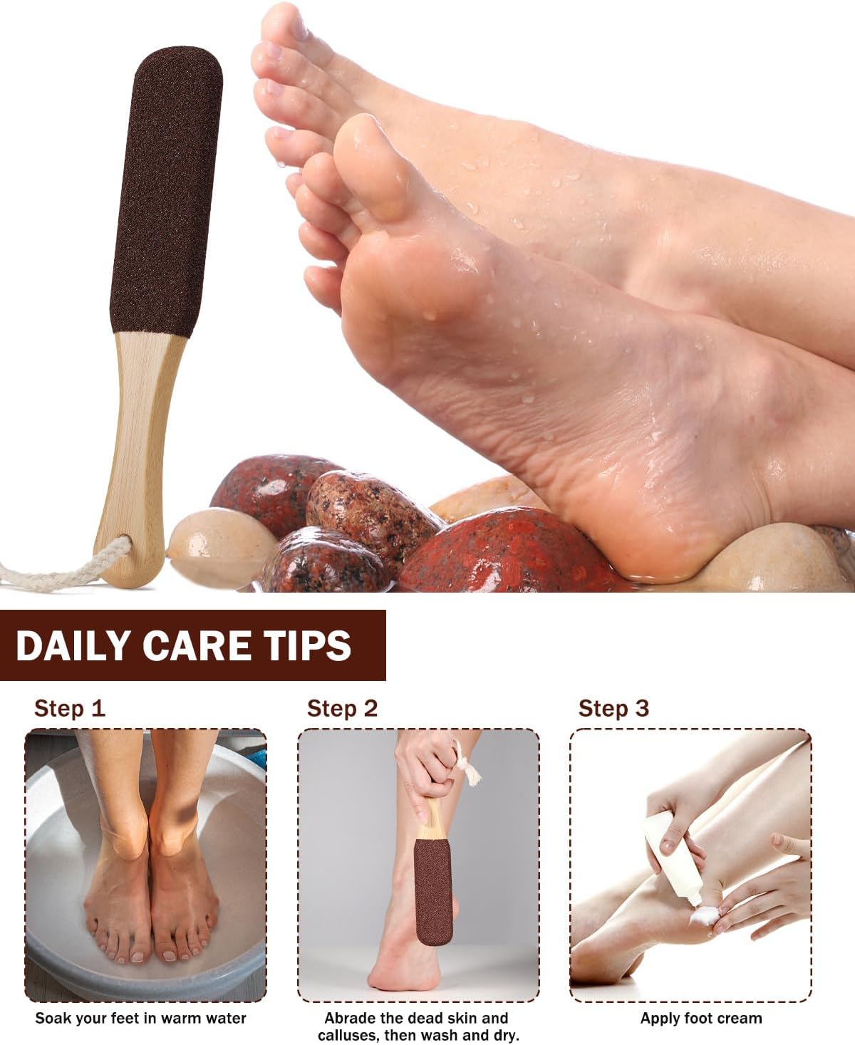 BEZOX Lima de pedicura de piedra pómez para pies (1 unidad), mango ergonómico de madera, removedor de callos para pies y manos más suaves, limpiador
