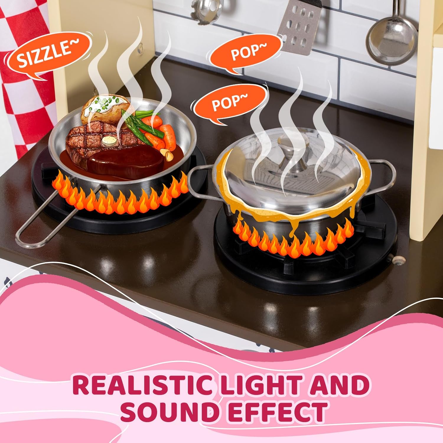 Juego de cocina para niños, cocina de madera con grifo, fregadero, microondas, horno, delantal, armarios de almacenamiento, juego de juguetes de
