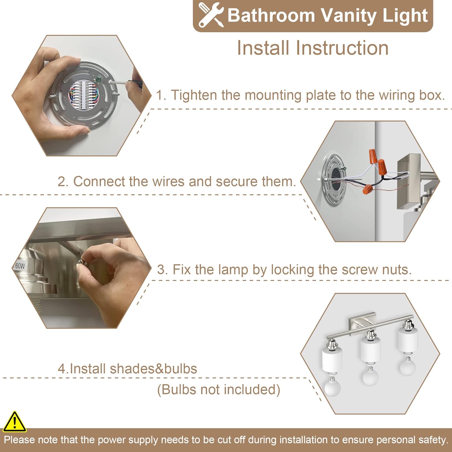 Sailstar Lámparas de baño, luces de tocador de níquel cepillado, 3 luces, modernas luces de baño sobre espejo, pantalla de vidrio y acabado de