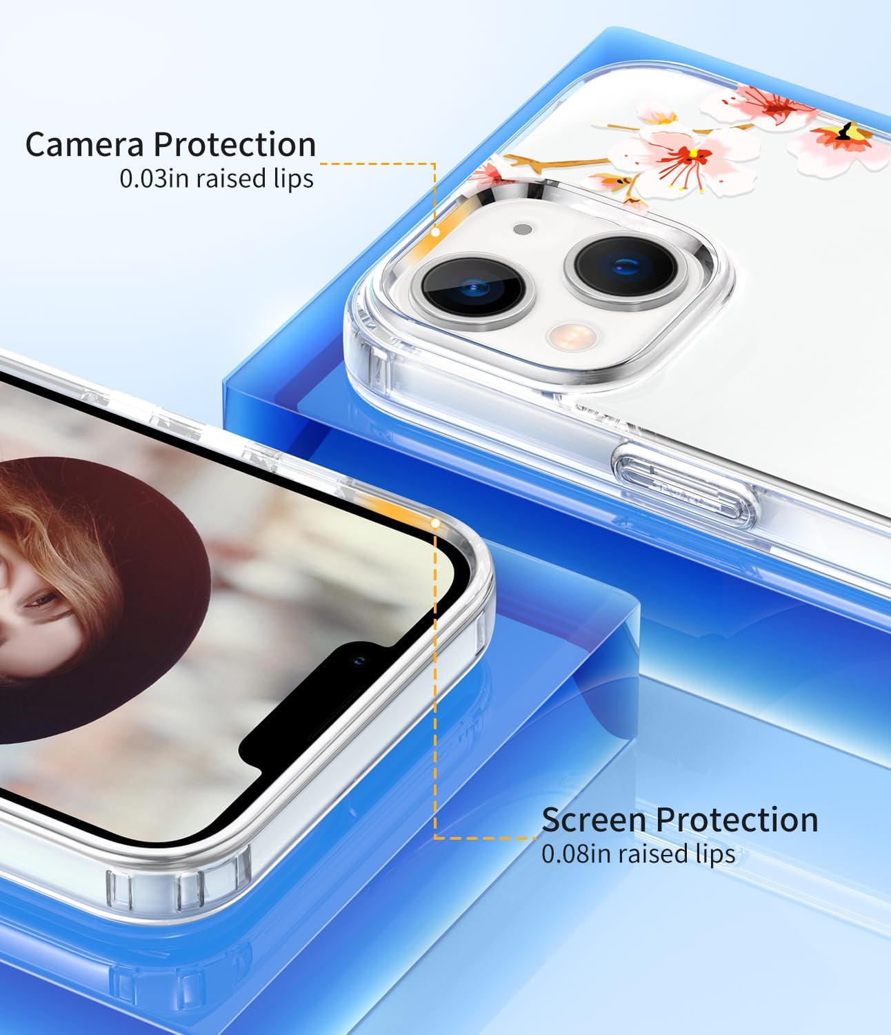 ZQWY Funda floral compatible con iPhone 15, diseño de patrón de flores transparentes, policarbonato duro + funda protectora de TPU suave para
