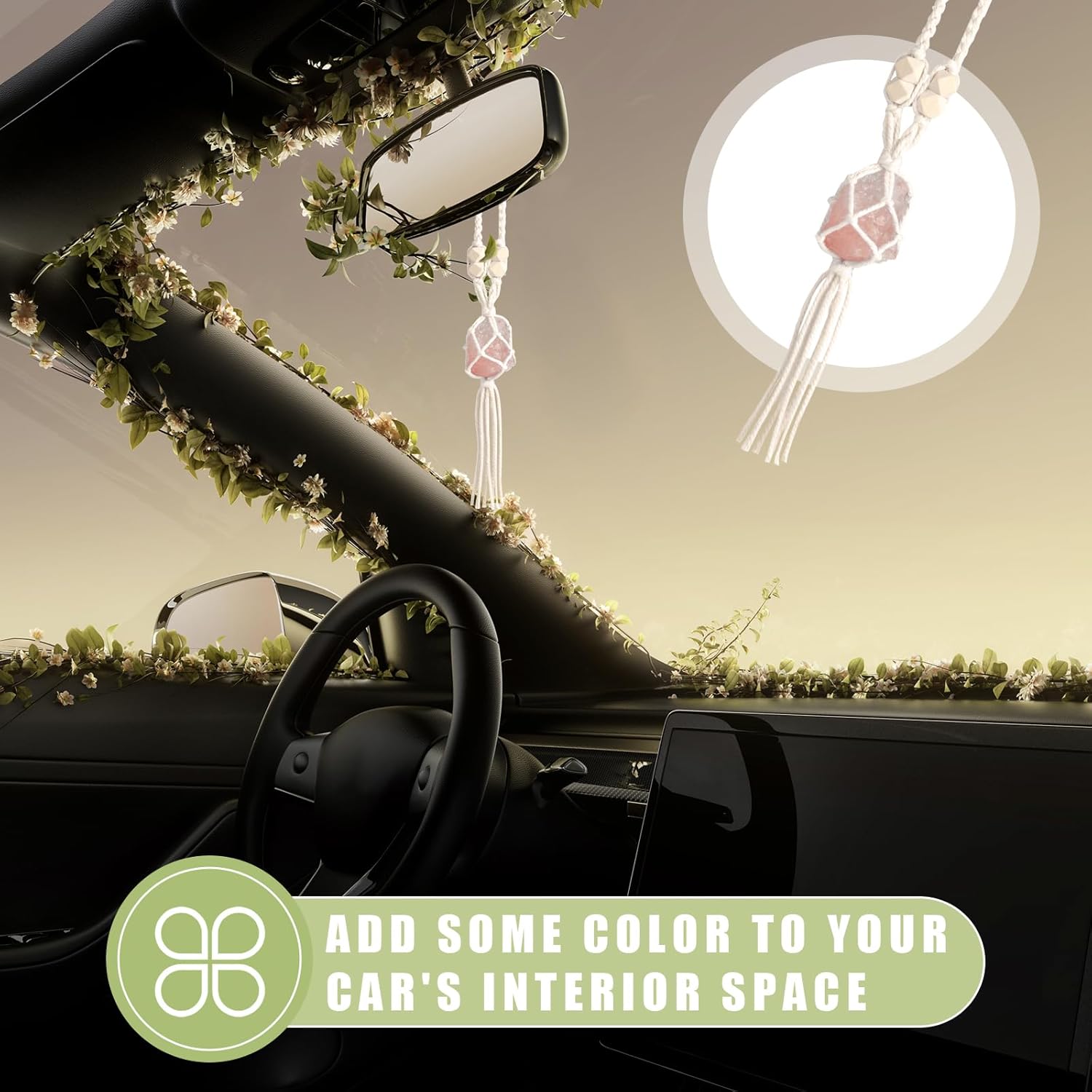 Ziciner Colgante hecho a mano para espejo retrovisor de coche con sal del Himalaya, accesorios colgantes para automóvil, decoración colgante