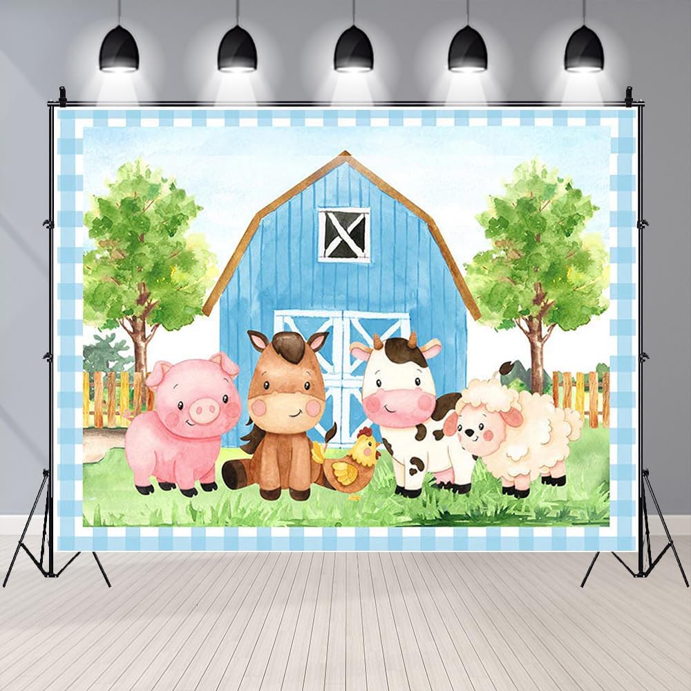 Telones de fondo de cumpleaños de granja para niños, granero azul, animales de granja, fondo de fotografía, tema de animales de granja, decoración
