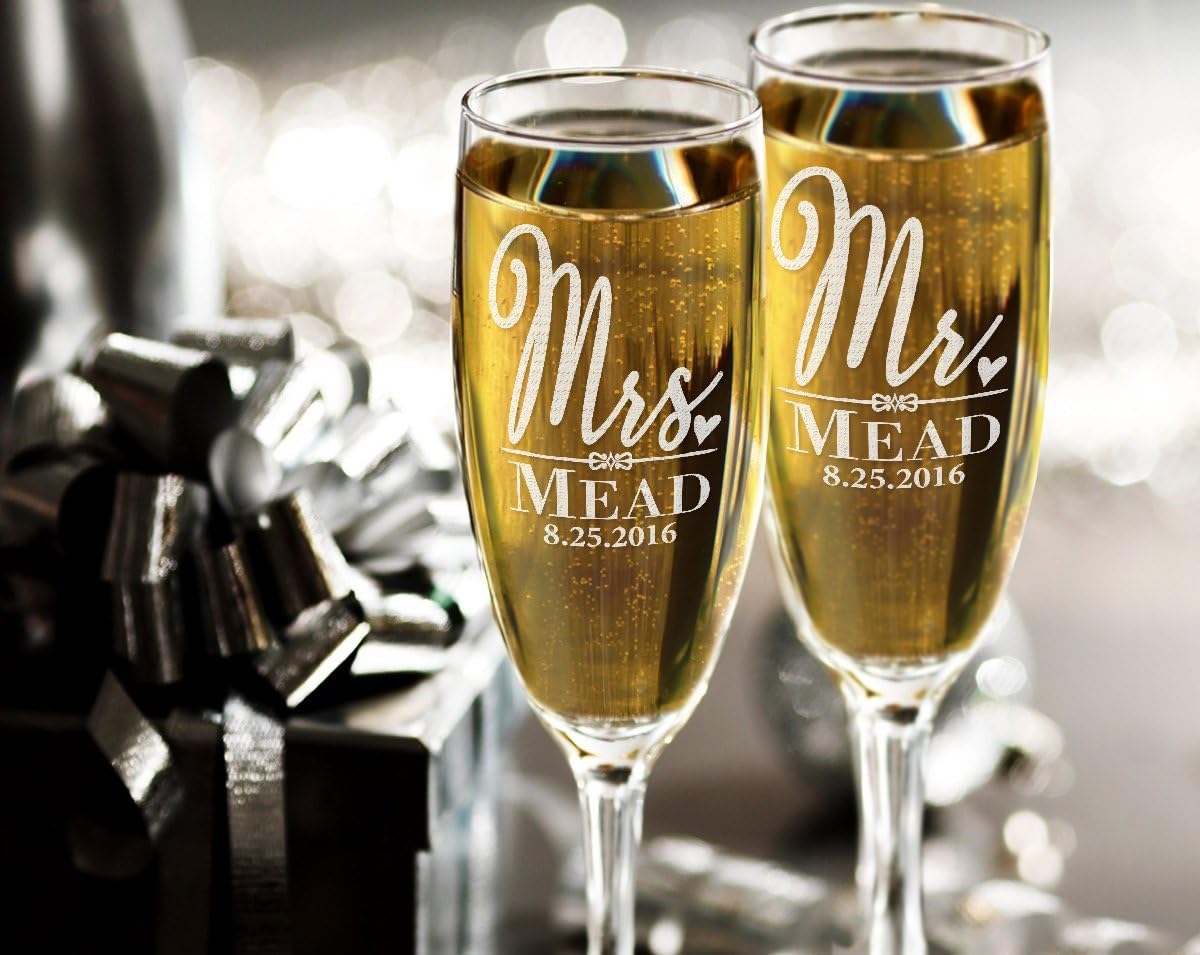 Copas de champán de boda personalizadas para señor y señora, regalos de boda personalizados con apellido y fecha, regalos de boda para novia y