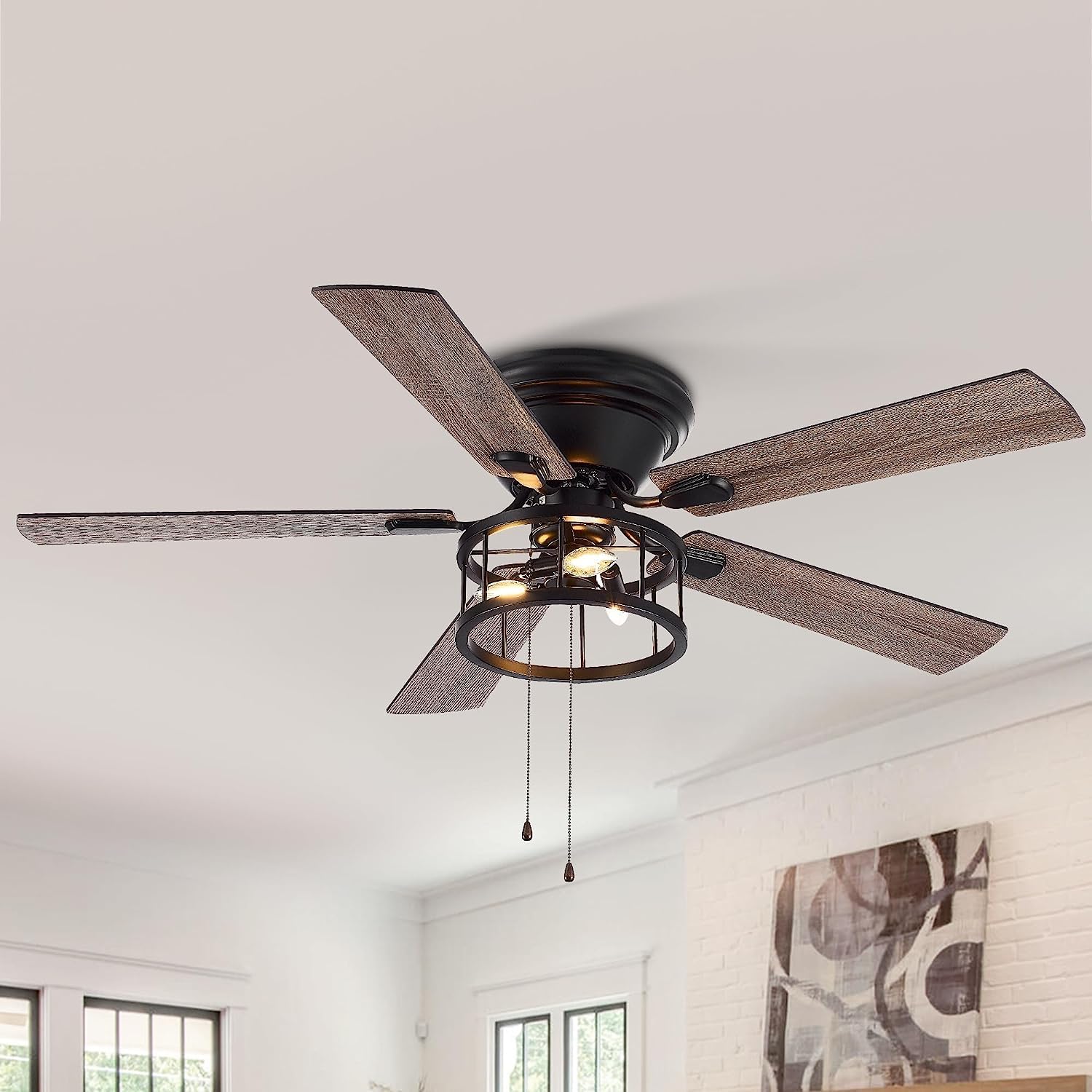 Ventilador de techo de montaje empotrado de 52 pulgadas con cadena de luz, 5 cuchillas reversibles, lámpara de techo de iluminación de cristal de