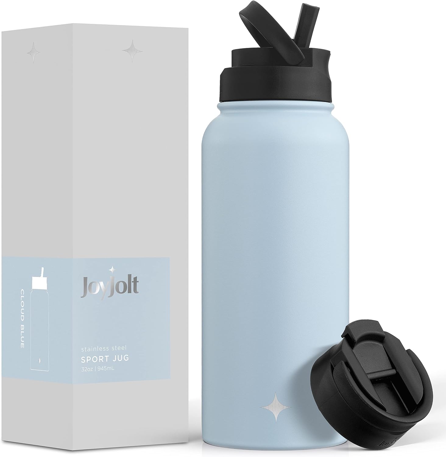 JoyJolt Botella de agua con triple aislamiento con tapa de popote y tapa abatible. Botella de agua grande de 32 onzas, botella de acero inoxidable