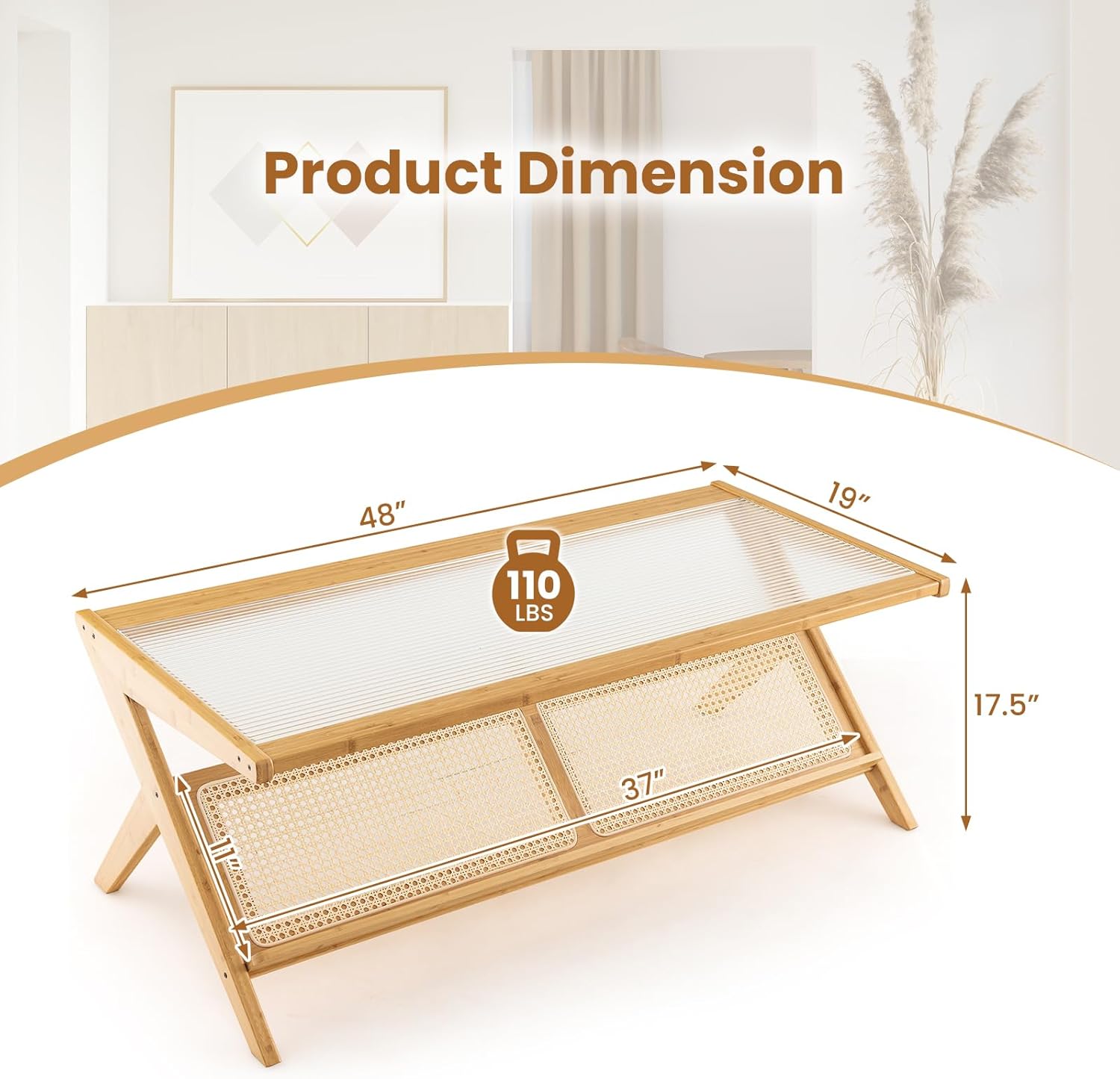 Tangkula Mesa de centro de bambú, mesa central moderna con mesa de vidrio templado y estante abierto de ratán, mesa de té rectangular de 2 niveles