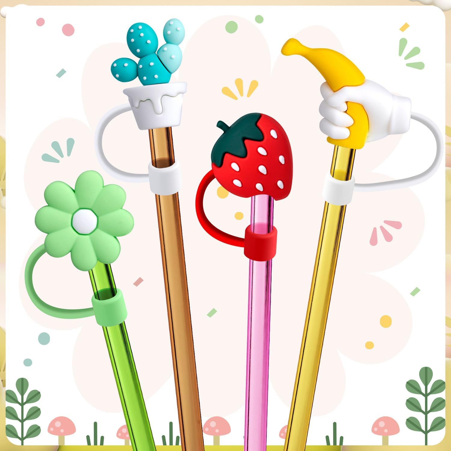 10 fundas grandes para pajilla, de 0.31 a 0.39 pulgadas (0.315-0.394 in), reutilizables, de silicona, con forma de sandía, oso, pato, flores, tapas