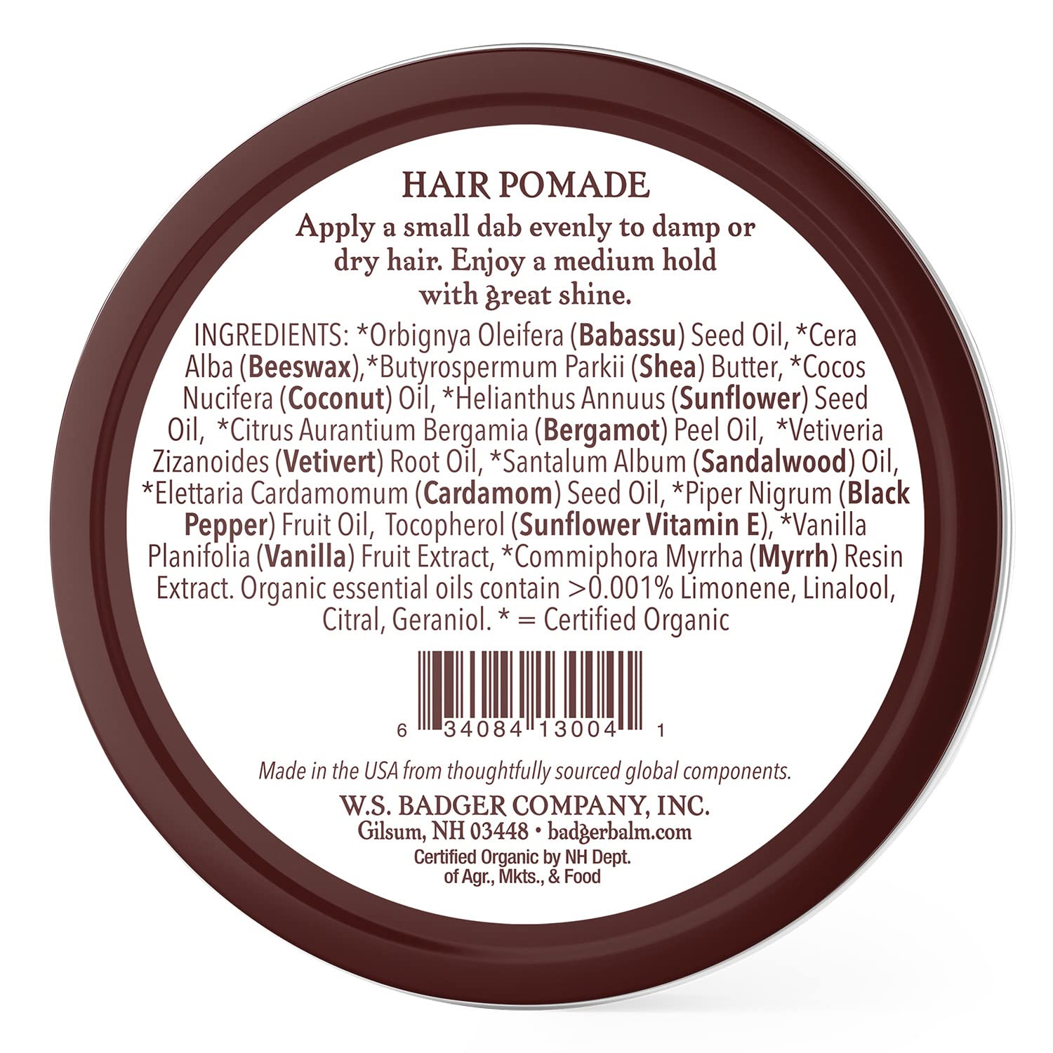 Badger – Pomada para el cabello, orgánica certificada, pomada para el cabello de sujeción media con gran brillo, aceites esenciales, pomada para el
