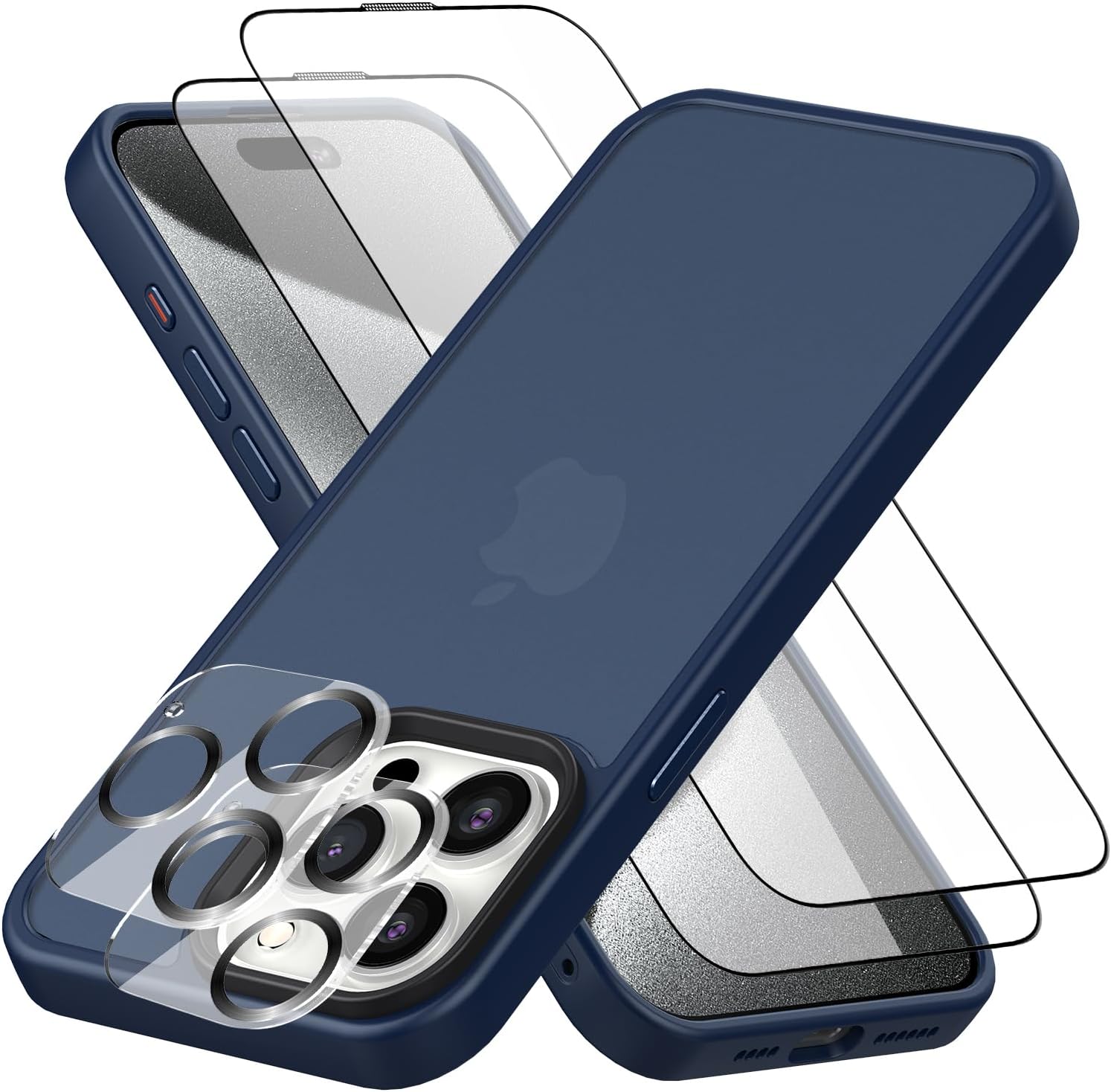 Foluu Funda delgada para iPhone 15 Pro Max 2023-2X protector de pantalla de vidrio templado y 2 protectores de lente de cámara, parte trasera de